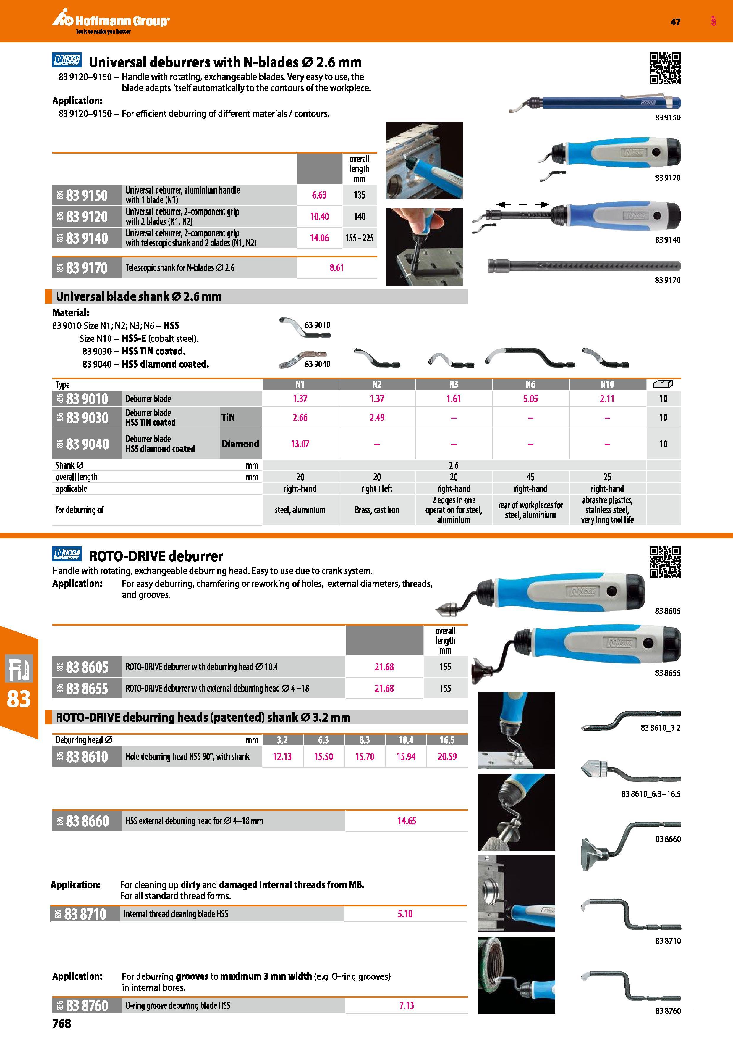768 llll Universal deburrers with N-blades 0 2 6 mm 83 9120-9150 - Handle with rotating, exchangeable blades Very easy to use, the blade adapts itsel Каталог HOFFMANN GROUP 2016 Ручной слесарно-монтажный и измерительный инструмент и оборудование от комплексного поставщика промышленных предприятий Вер. 47 Англ. Стр. 768