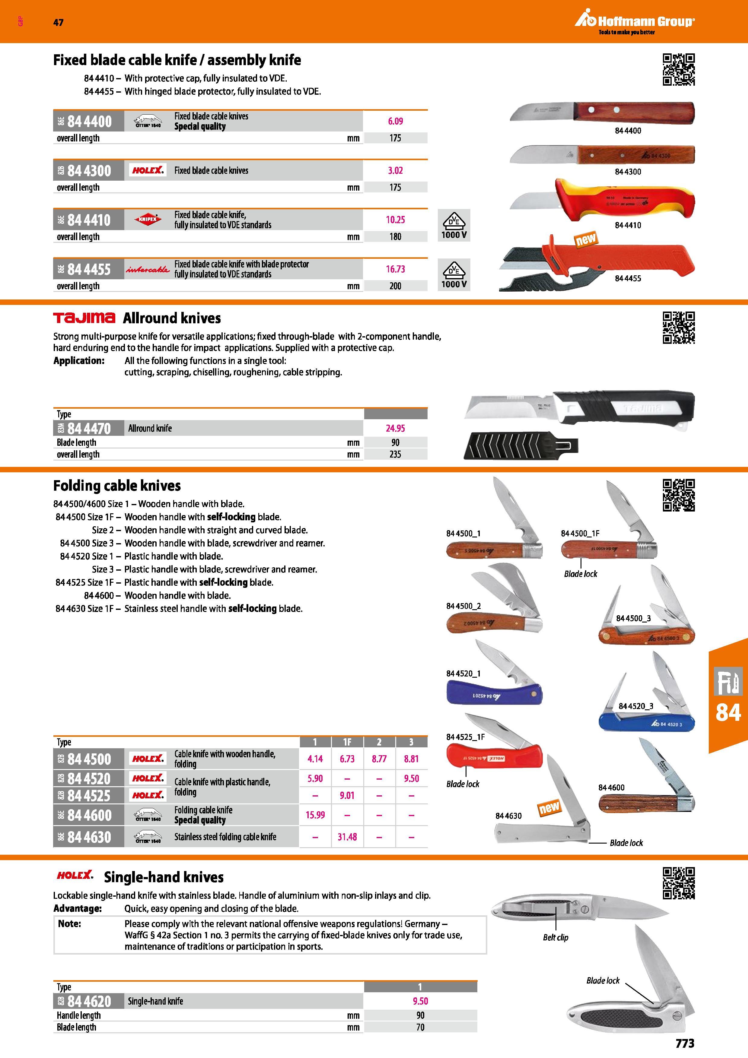 773 Hoffmann Group 47 Fixed blade cable knife / assembly knife 844410- With protective cap, fully insulated to VDE 844455 - With hinged blade protect Каталог HOFFMANN GROUP 2016 Ручной слесарно-монтажный и измерительный инструмент и оборудование от комплексного поставщика промышленных предприятий Вер. 47 Англ. Стр. 773