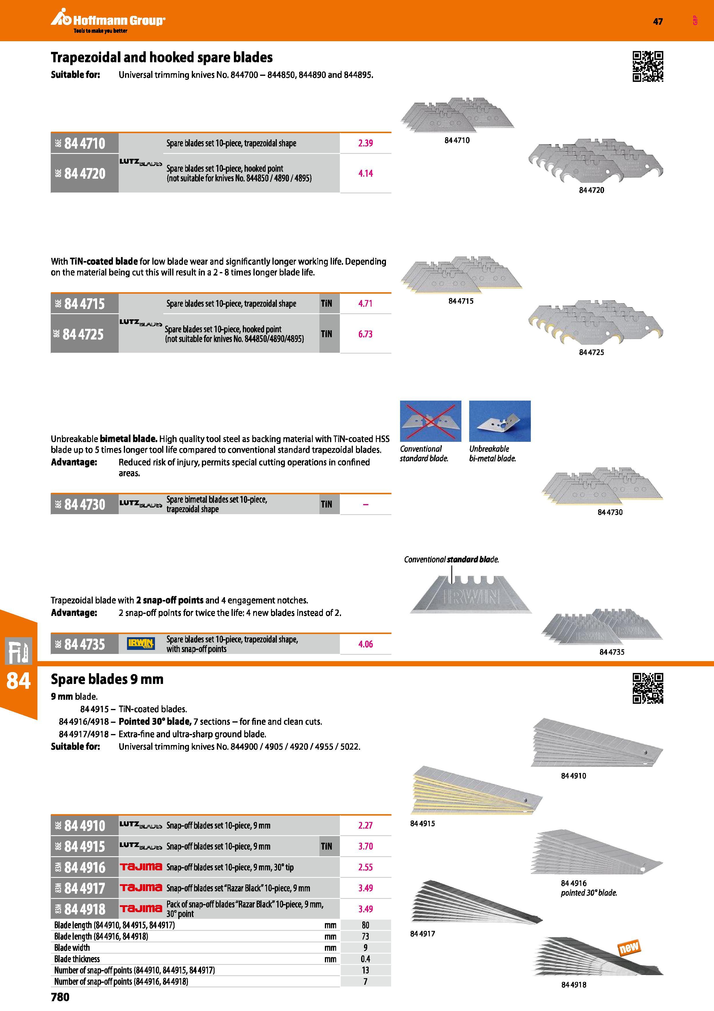 780 Hoffmann Group 47 Trapezoidal and hooked spare blades Suitable for: Universal trimming knives No 844700 - 844850,844890 and 844895 844710 Spare b Каталог HOFFMANN GROUP 2016 Ручной слесарно-монтажный и измерительный инструмент и оборудование от комплексного поставщика промышленных предприятий Вер. 47 Англ. Стр. 780