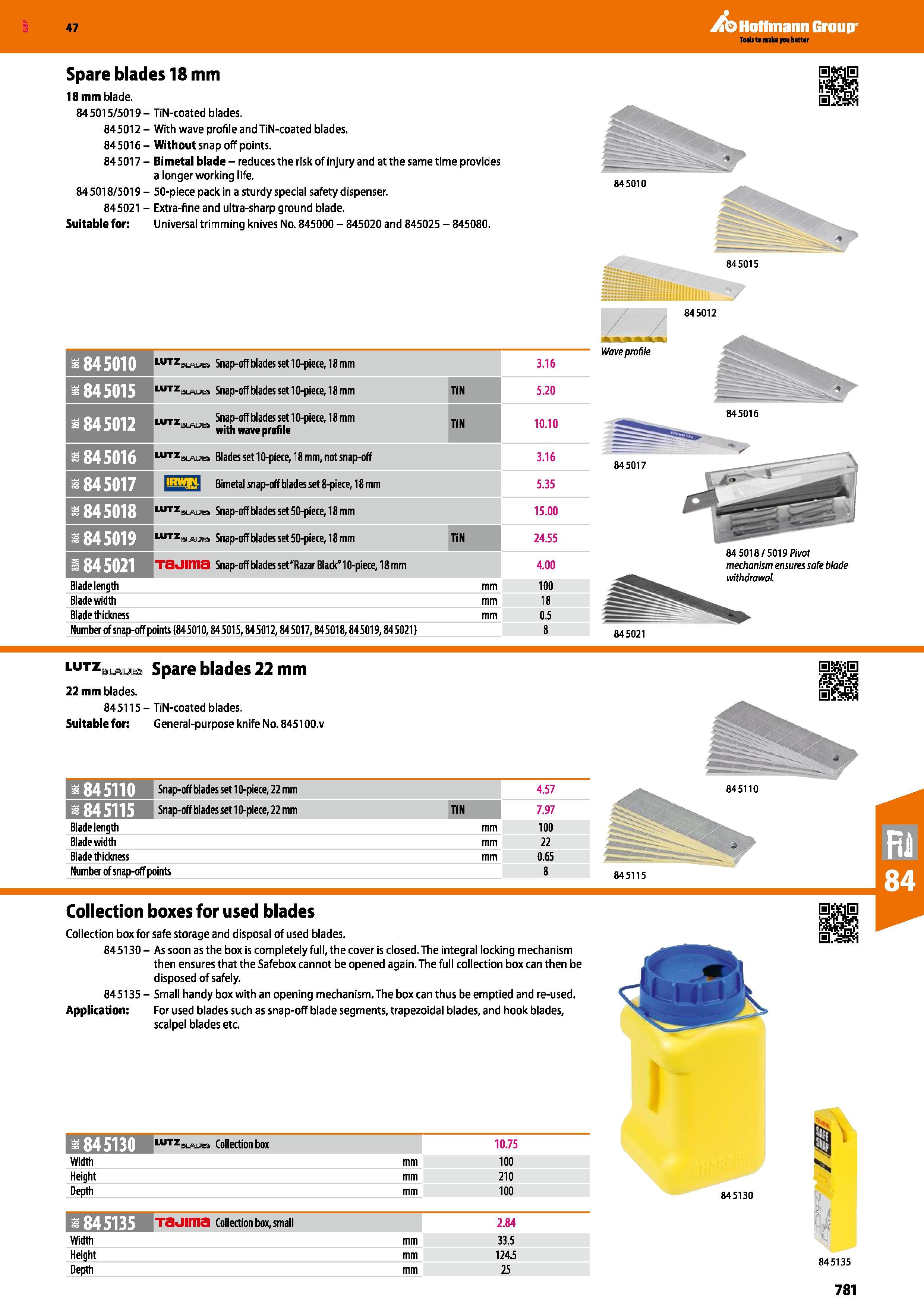 781 Hoffmann Group 47 Spare blades 18 mm 18 mm blade 845015/5019- TiN-coated blades 845012 - With wave profile and TiN-coated blades 84 5016 - Withou Каталог HOFFMANN GROUP 2016 Ручной слесарно-монтажный и измерительный инструмент и оборудование от комплексного поставщика промышленных предприятий Вер. 47 Англ. Стр. 781