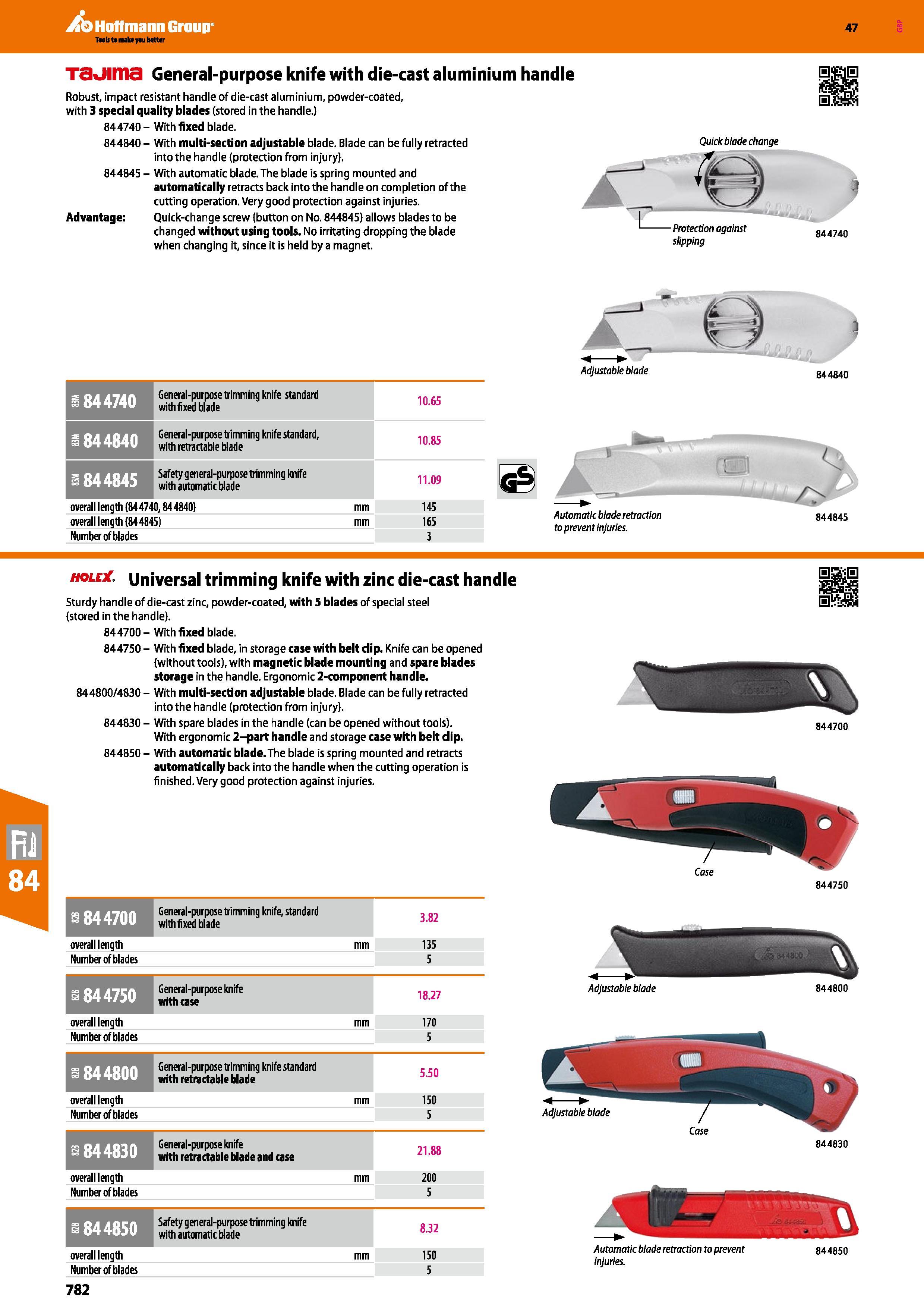 782 Hoffmann Group 47 Tauima General-purpose knife with die-cast aluminium handle Robust, impact resistant handle of die-cast aluminium, powder-coate Каталог HOFFMANN GROUP 2016 Ручной слесарно-монтажный и измерительный инструмент и оборудование от комплексного поставщика промышленных предприятий Вер. 47 Англ. Стр. 782