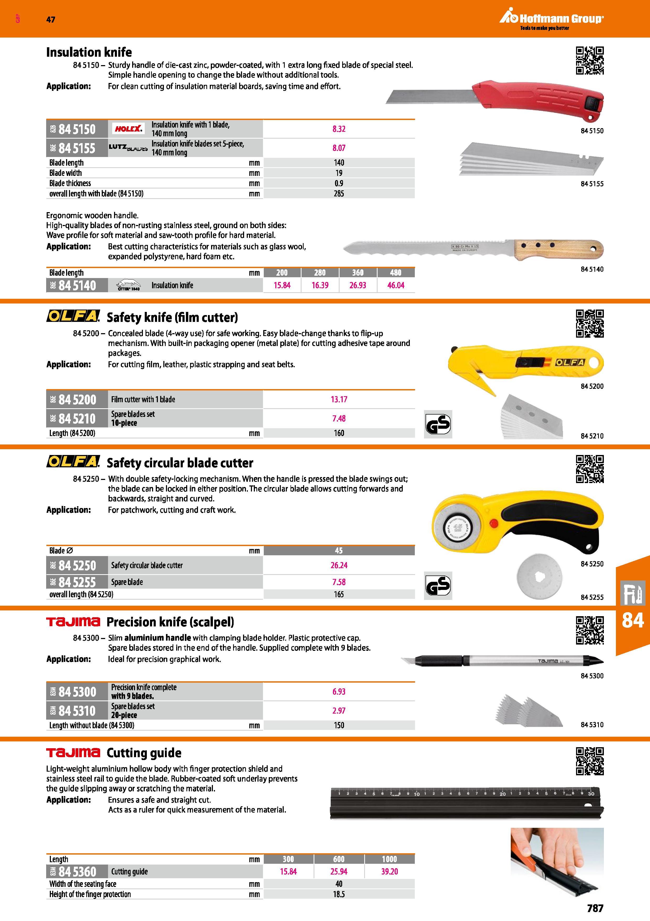 787 Hoffmann Group 47 Insulation knife 845150- Sturdy handle of die-cast zinc, powder-coated, with 1 extra long fixed blade of special steel Simple h Каталог HOFFMANN GROUP 2016 Ручной слесарно-монтажный и измерительный инструмент и оборудование от комплексного поставщика промышленных предприятий Вер. 47 Англ. Стр. 787