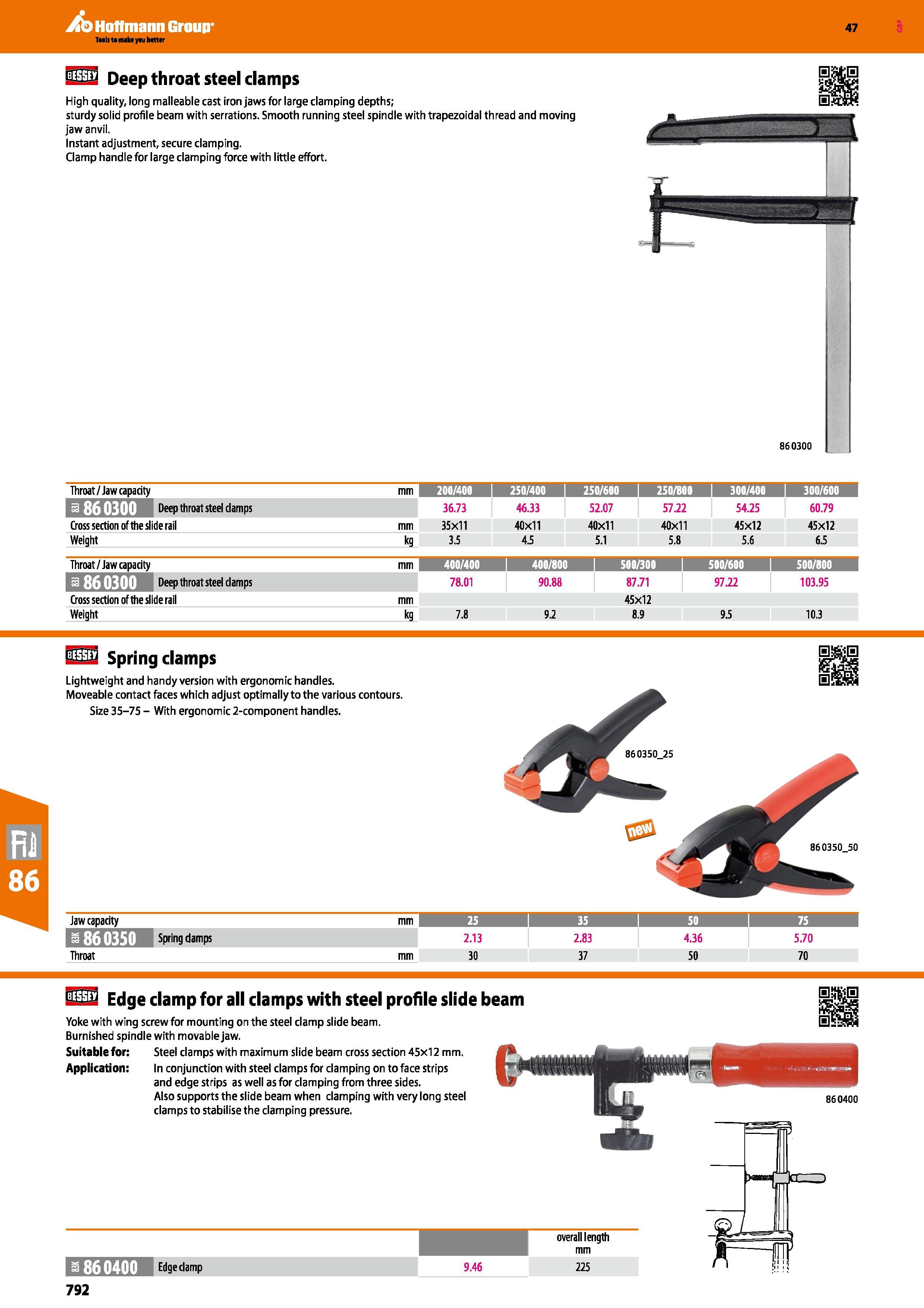 792 Hoffmann Group 47 122 Deep throat steel clamps High quality, long malleable cast iron jaws for large clamping depths; sturdy solid profile beam w Каталог HOFFMANN GROUP 2016 Ручной слесарно-монтажный и измерительный инструмент и оборудование от комплексного поставщика промышленных предприятий Вер. 47 Англ. Стр. 792
