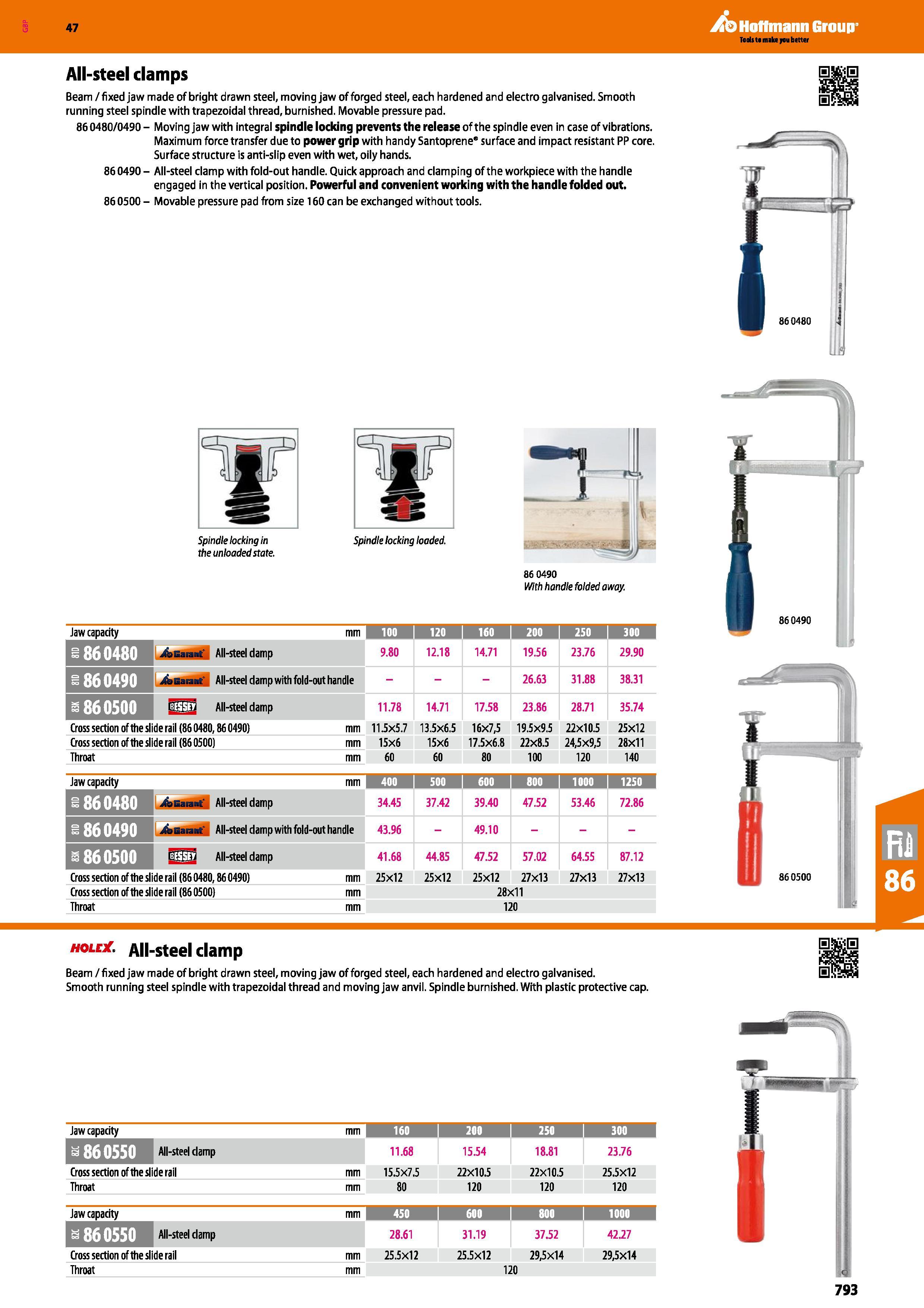 793 Hoffmann Group 47 All-steel clamps Beam/fixed jaw made of bright drawn steel, moving jaw of forged steel, each hardened and electro galvanised Sm Каталог HOFFMANN GROUP 2016 Ручной слесарно-монтажный и измерительный инструмент и оборудование от комплексного поставщика промышленных предприятий Вер. 47 Англ. Стр. 793