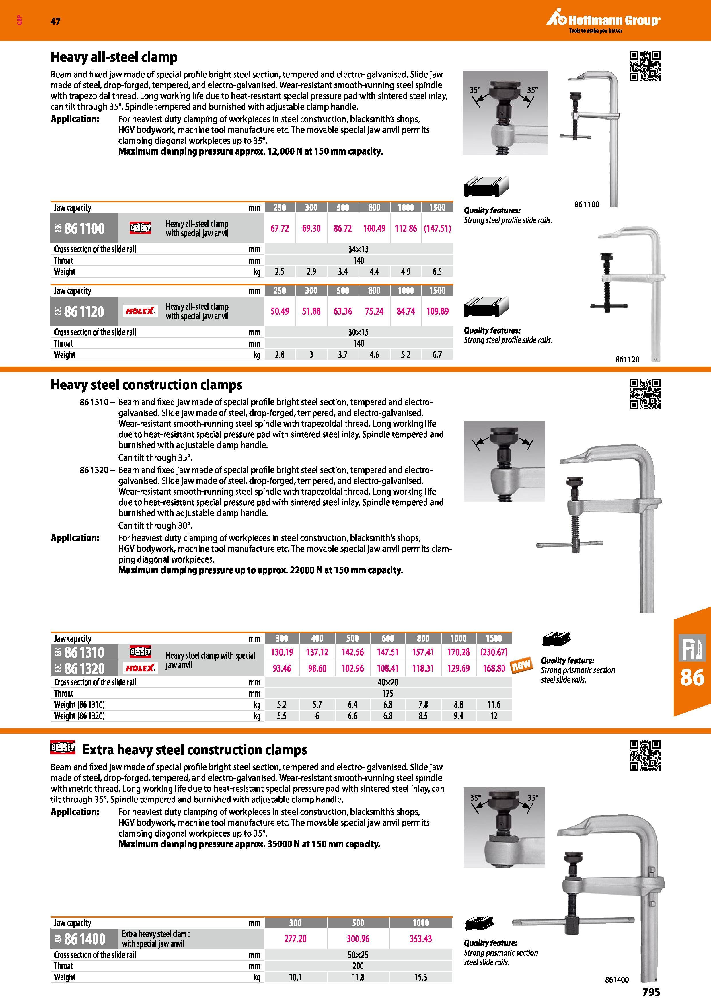 795 Hoffmann Group 47 Heavy all-steel clamp Beam and fixed jaw made of special profile bright steel section, tempered and electro- galvanised Slide j Каталог HOFFMANN GROUP 2016 Ручной слесарно-монтажный и измерительный инструмент и оборудование от комплексного поставщика промышленных предприятий Вер. 47 Англ. Стр. 795