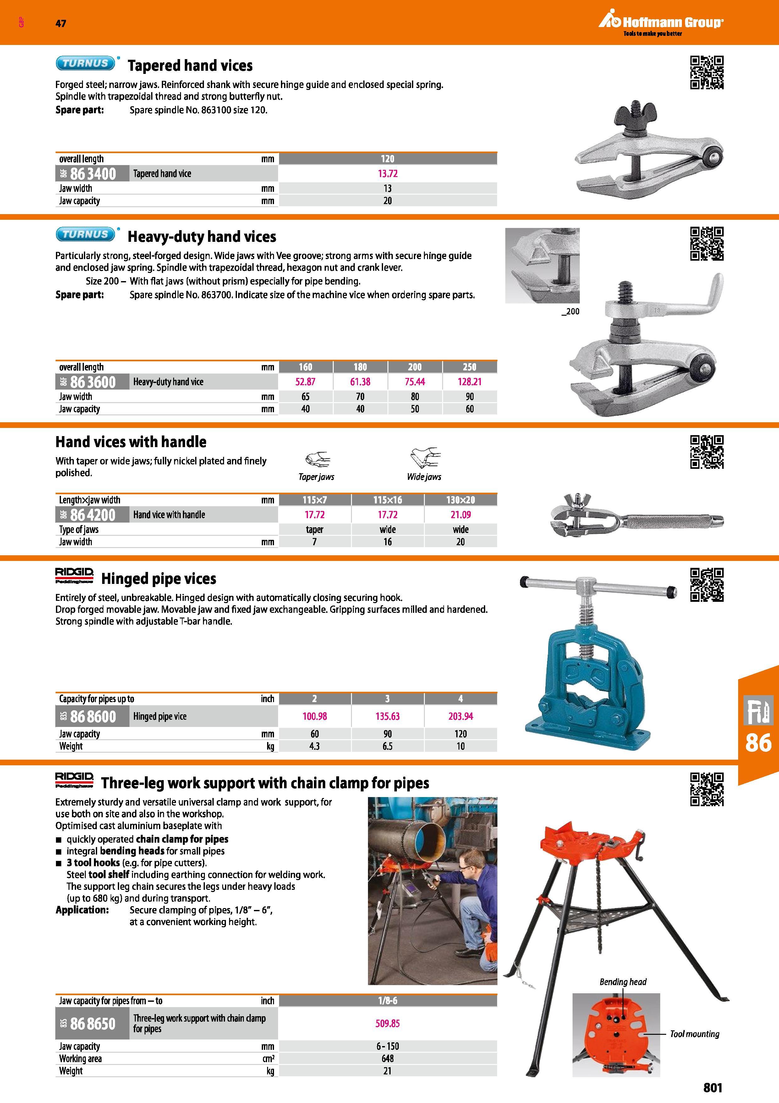 801 Hoffmann Group 47 TURNUS Tapered hand vices Forged steel; narrow jaws Reinforced shank with secure hinge guide and enclosed special spring Spindl Каталог HOFFMANN GROUP 2016 Ручной слесарно-монтажный и измерительный инструмент и оборудование от комплексного поставщика промышленных предприятий Вер. 47 Англ. Стр. 801
