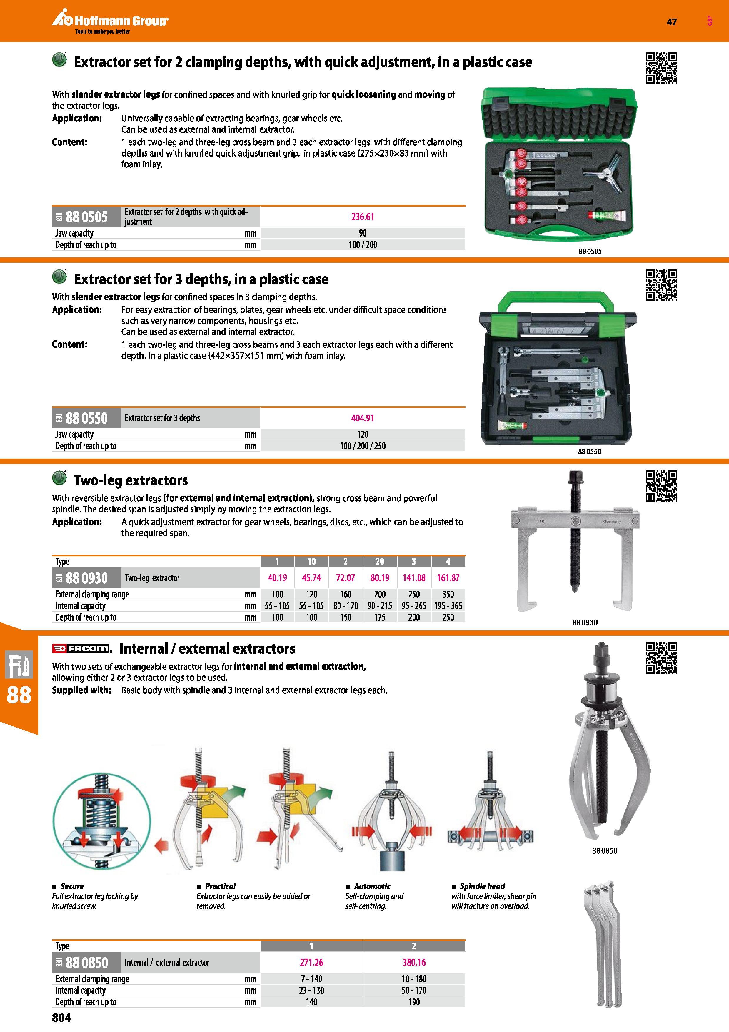 804 Hoffmann Group 47 Extractor set for 2 clamping depths, with quick adjustment, in a plastic case With slender extractor legs for confined spaces a Каталог HOFFMANN GROUP 2016 Ручной слесарно-монтажный и измерительный инструмент и оборудование от комплексного поставщика промышленных предприятий Вер. 47 Англ. Стр. 804