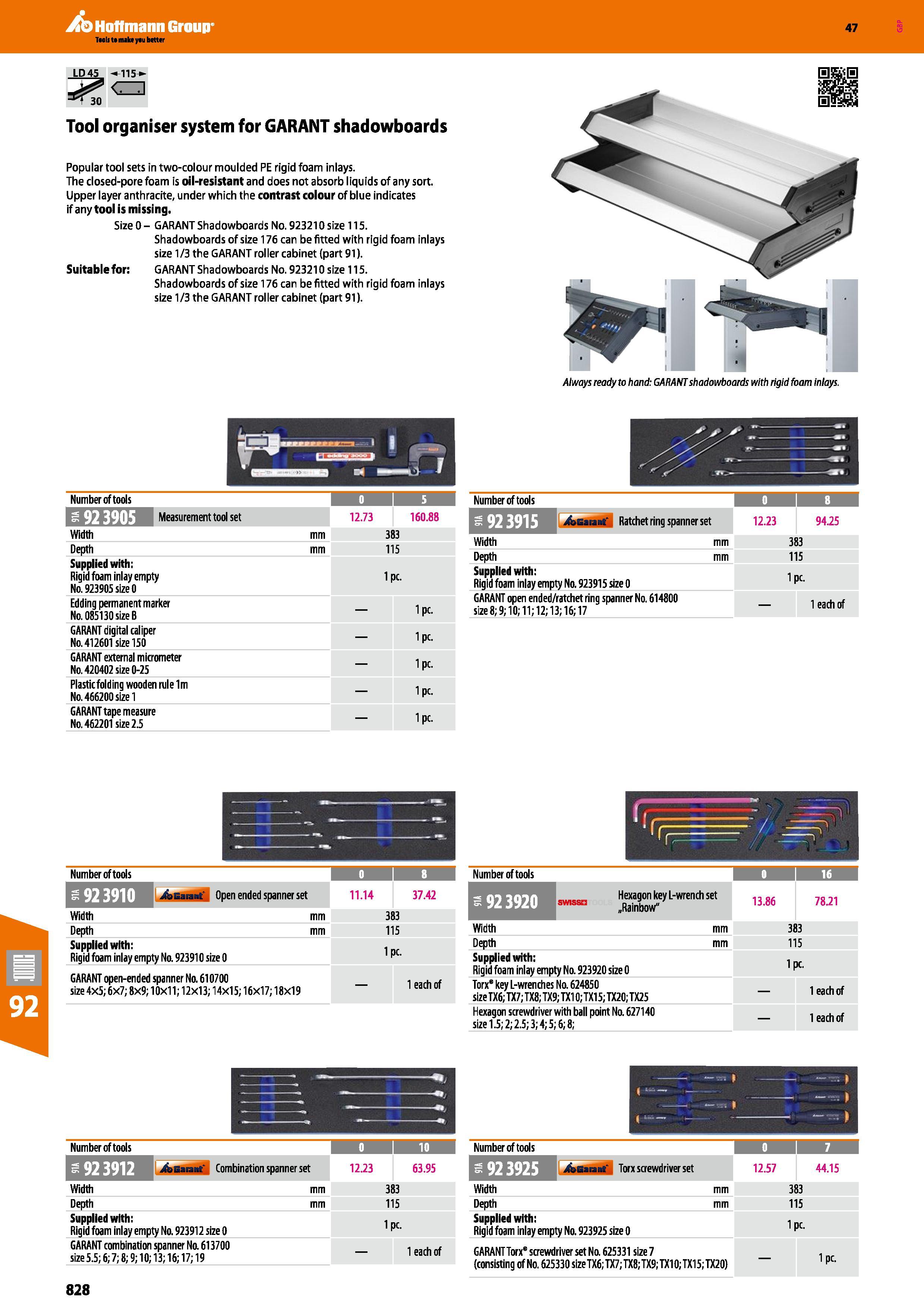828 Tool organiser system for GARANT shadowboards Popular tool sets in two-colour moulded PE rigid foam inlays The dosed-pore foam is oil-resistant a Каталог HOFFMANN GROUP 2016 Ручной слесарно-монтажный и измерительный инструмент и оборудование от комплексного поставщика промышленных предприятий Вер. 47 Англ. Стр. 828
