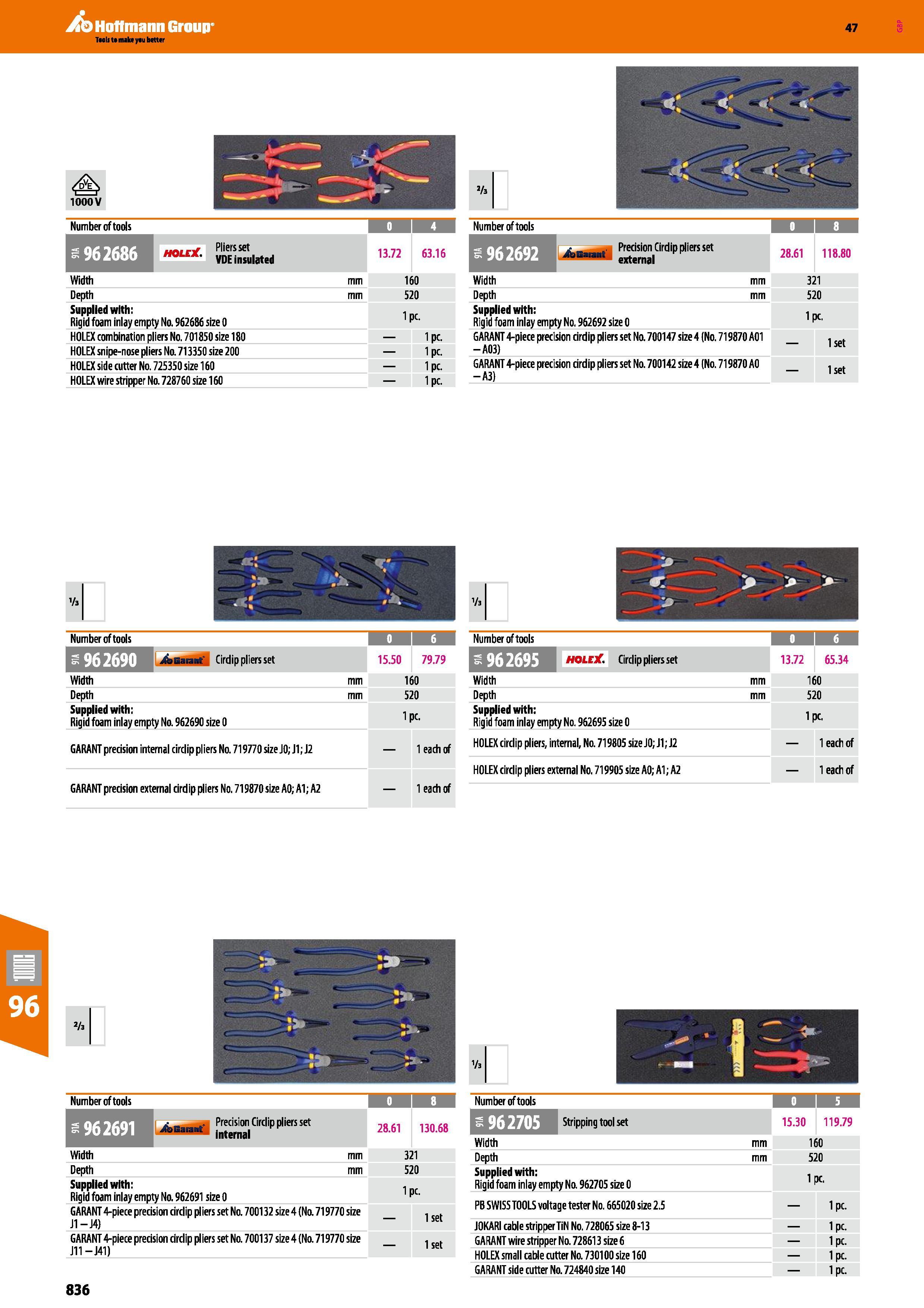 836 Hoffmann Group 47 Number of tools 962686 HOLE ( Pliersset VDE insulated Width Depth Supplied with: Rigid foam inlay empty Na 962686 size 0 HOLEX Каталог HOFFMANN GROUP 2016 Ручной слесарно-монтажный и измерительный инструмент и оборудование от комплексного поставщика промышленных предприятий Вер. 47 Англ. Стр. 836