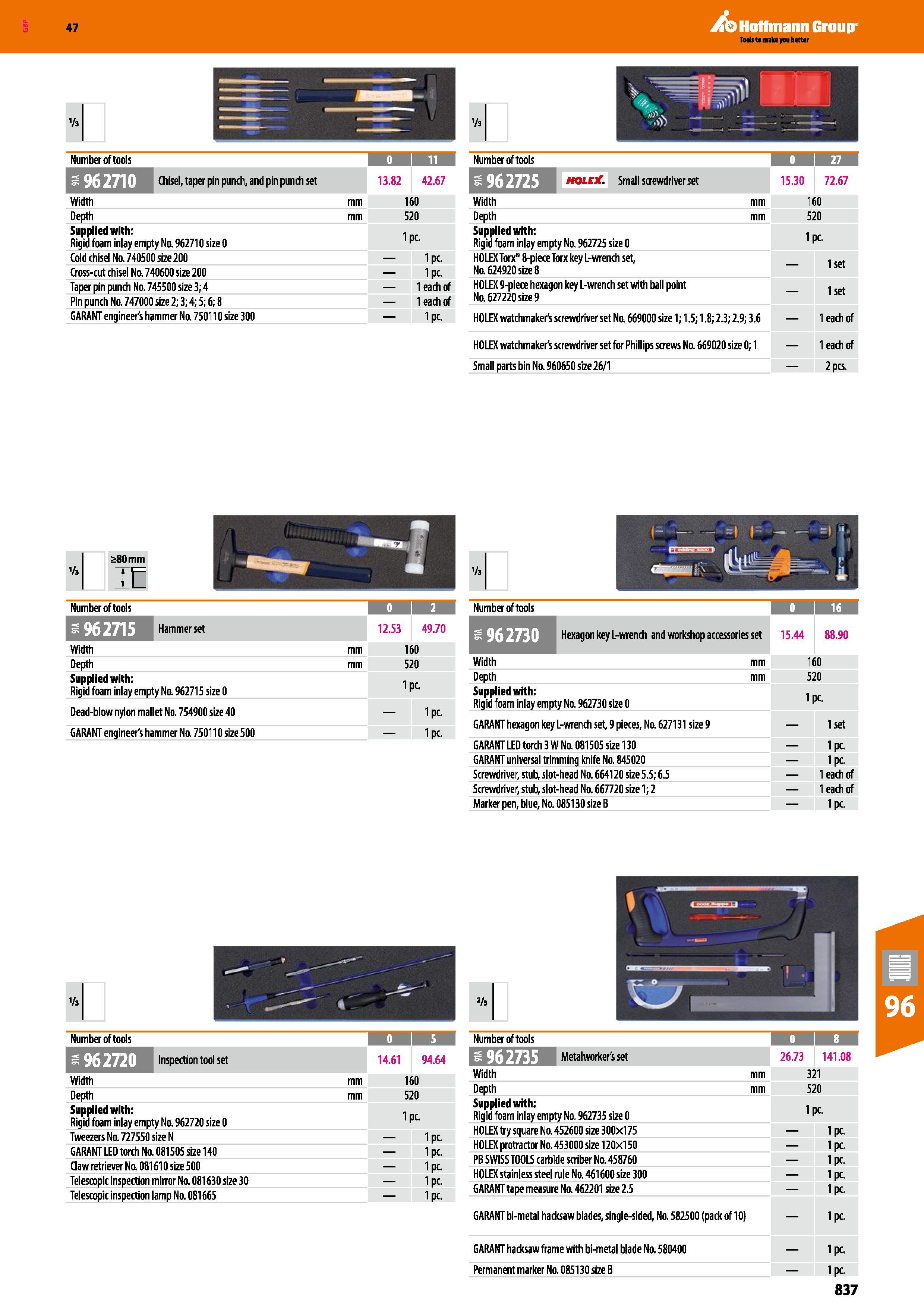 837 Number of tools 0 11 Ej-'I'TflTB Chisel, taper pin punch, and pin punch set 13 82 42 67 Width mm 160 Depth mm 520 Supplied with: Rigid foam inlay Каталог HOFFMANN GROUP 2016 Ручной слесарно-монтажный и измерительный инструмент и оборудование от комплексного поставщика промышленных предприятий Вер. 47 Англ. Стр. 837