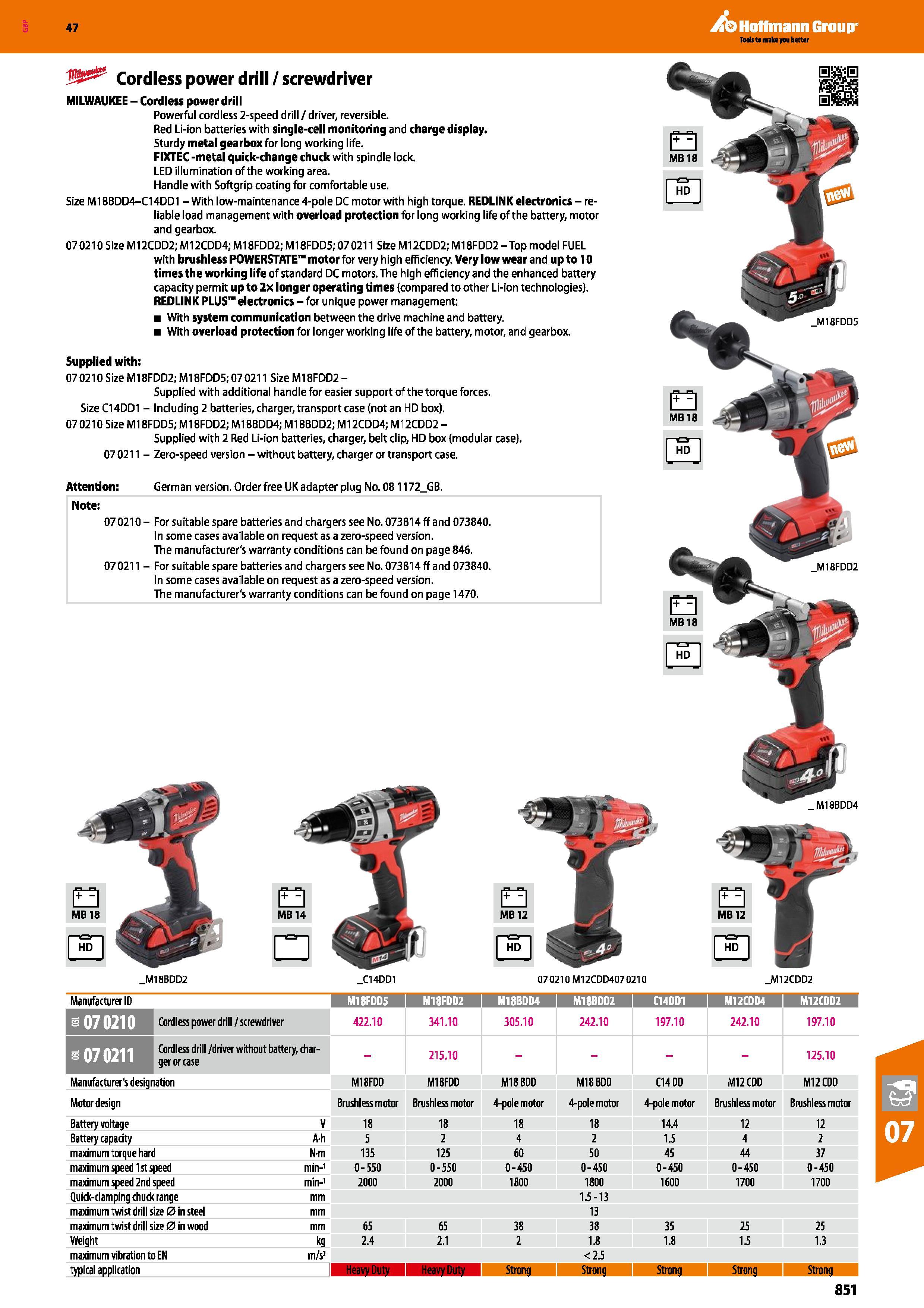 851 47 Cordless power drill/screwdriver MILWAUKEE - Cordless power drill Powerful cordless 2-speed drill / driver, reversible Red Li-ion batteries wi Каталог HOFFMANN GROUP 2016 Ручной слесарно-монтажный и измерительный инструмент и оборудование от комплексного поставщика промышленных предприятий Вер. 47 Англ. Стр. 851
