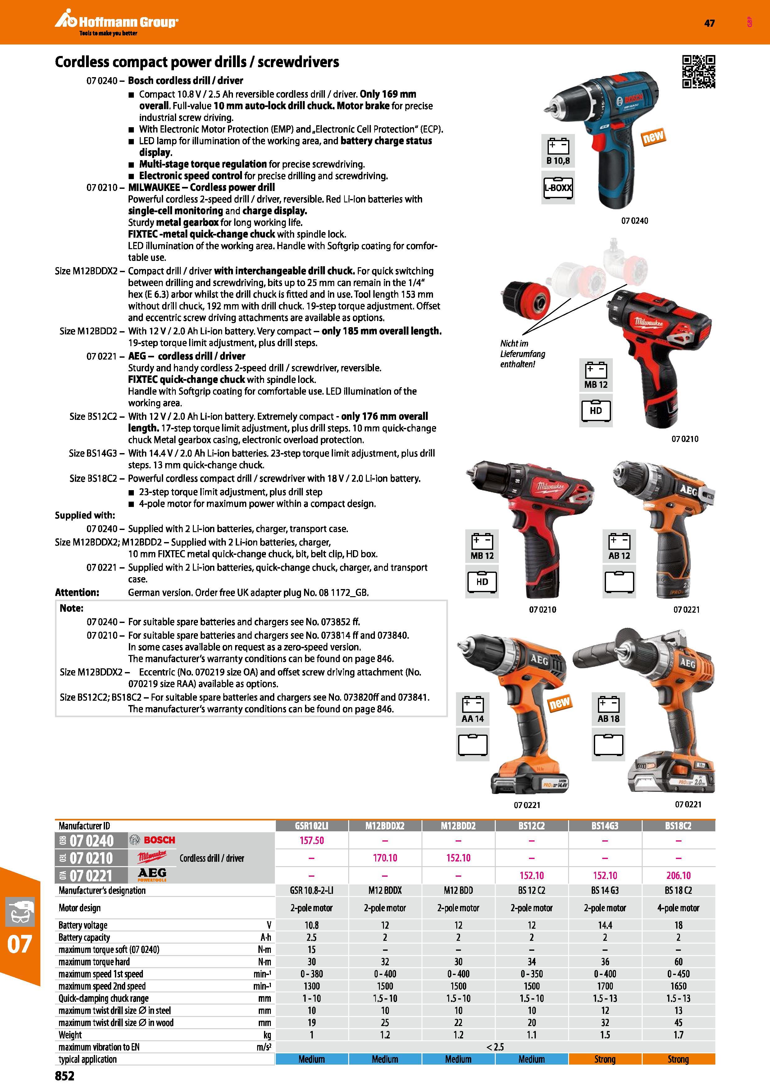 852 Hoffmann Group 47 Cordless compact power drills / screwdrivers 07 0240 - Bosch cordless drill / driver Compact 10 8 V / 2 5 Ah reversible cordles Каталог HOFFMANN GROUP 2016 Ручной слесарно-монтажный и измерительный инструмент и оборудование от комплексного поставщика промышленных предприятий Вер. 47 Англ. Стр. 852