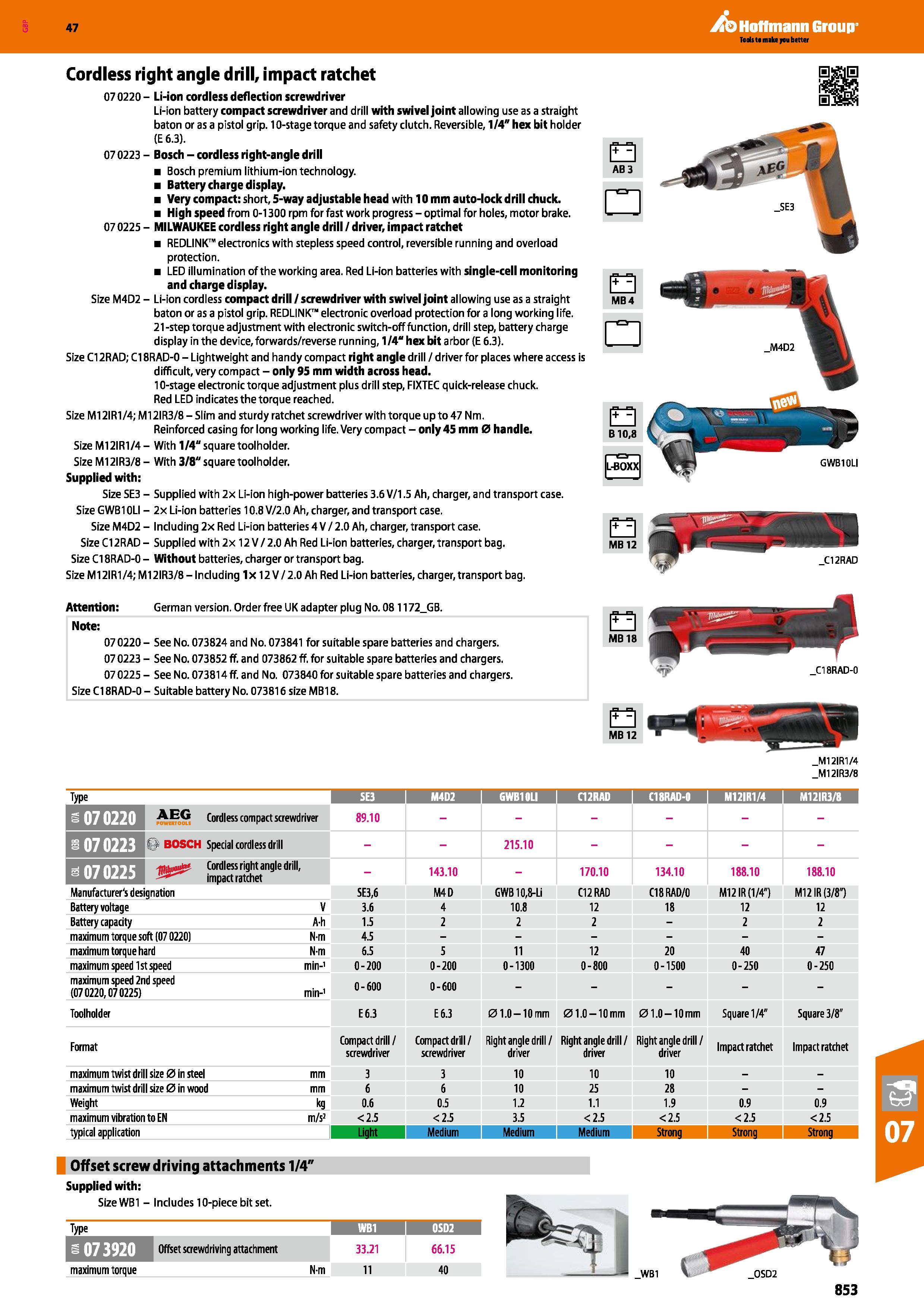 853 Hoffmann Group 47 Cordless right angle drill, impact ratchet 07 0220 - Li-ion cordless deflection screwdriver Li-ion battery compact screwdriver Каталог HOFFMANN GROUP 2016 Ручной слесарно-монтажный и измерительный инструмент и оборудование от комплексного поставщика промышленных предприятий Вер. 47 Англ. Стр. 853