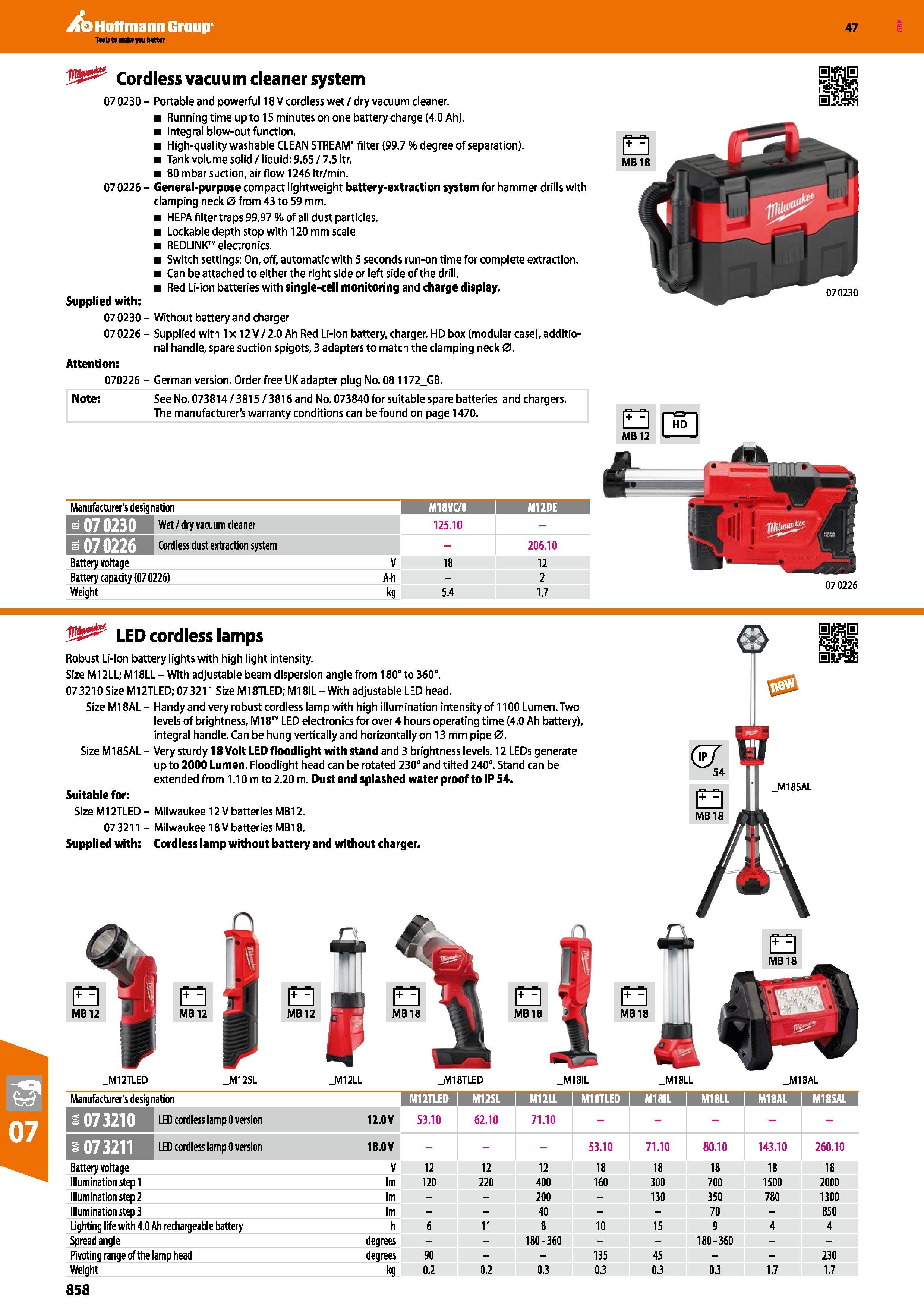 858 Hoffmann Group 47 Cordless vacuum cleaner system 07 0230 - Portable and powerful 18 V cordless wet / dry vacuum cleaner Running time upto 15 minu Каталог HOFFMANN GROUP 2016 Ручной слесарно-монтажный и измерительный инструмент и оборудование от комплексного поставщика промышленных предприятий Вер. 47 Англ. Стр. 858