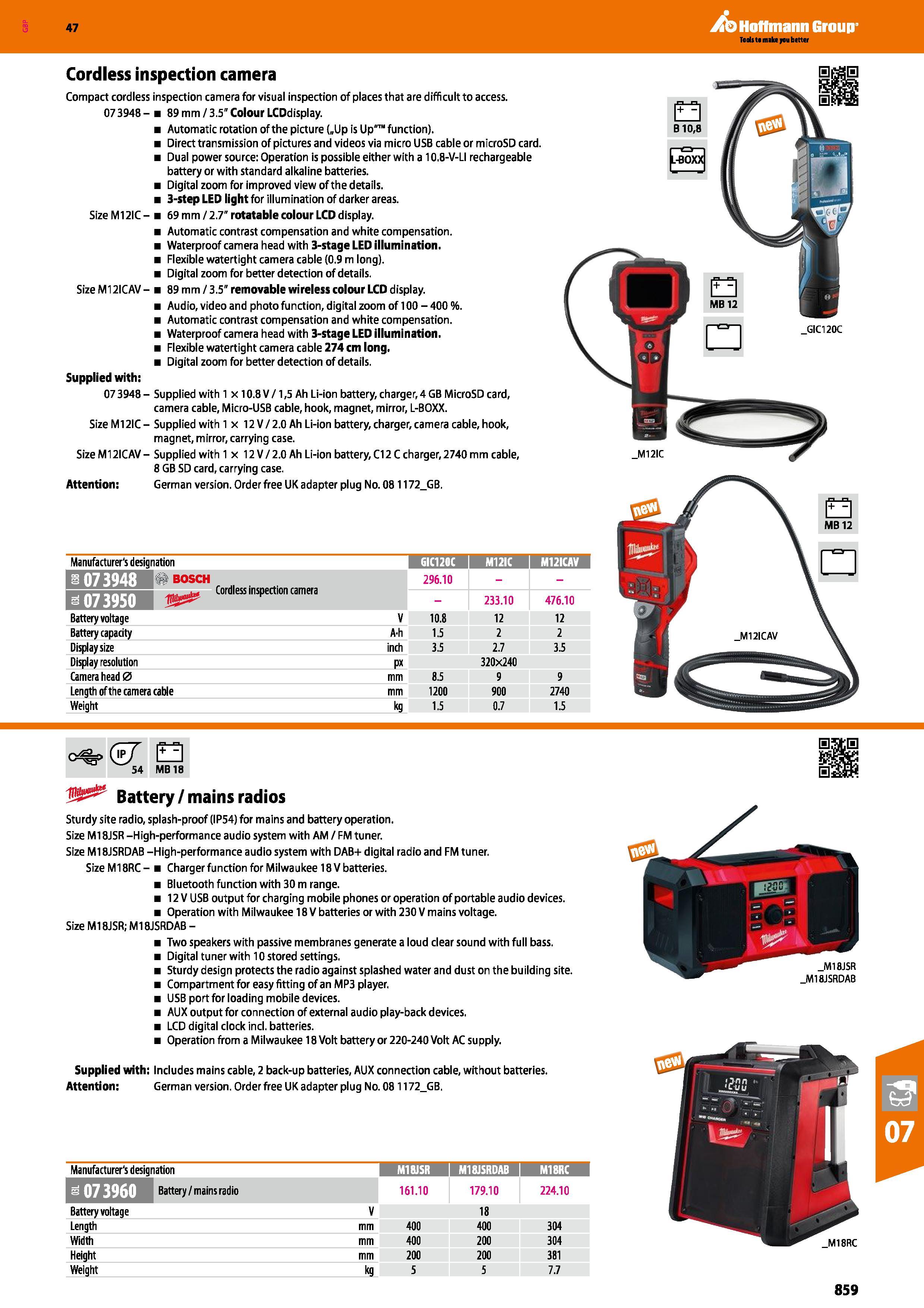 859 Hoffmann Group 47 Manufacturer's designation GIC120C M12IC I M12ICAV bosch 296 10 CTjlTTjTTj B t:ol ss in5Pection camera - 233 10 476 10 Battery Каталог HOFFMANN GROUP 2016 Ручной слесарно-монтажный и измерительный инструмент и оборудование от комплексного поставщика промышленных предприятий Вер. 47 Англ. Стр. 859