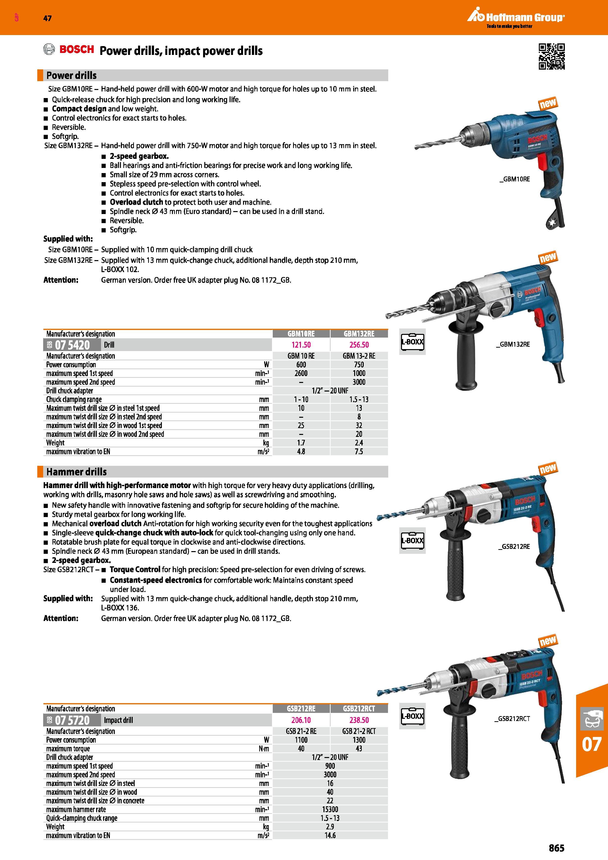 865 Hoffmann Group 47 BOSCH Power drills, impact power drills Power drills Size GBM1 ORE - Hand-held power drill with 600-W motor and high torque for Каталог HOFFMANN GROUP 2016 Ручной слесарно-монтажный и измерительный инструмент и оборудование от комплексного поставщика промышленных предприятий Вер. 47 Англ. Стр. 865
