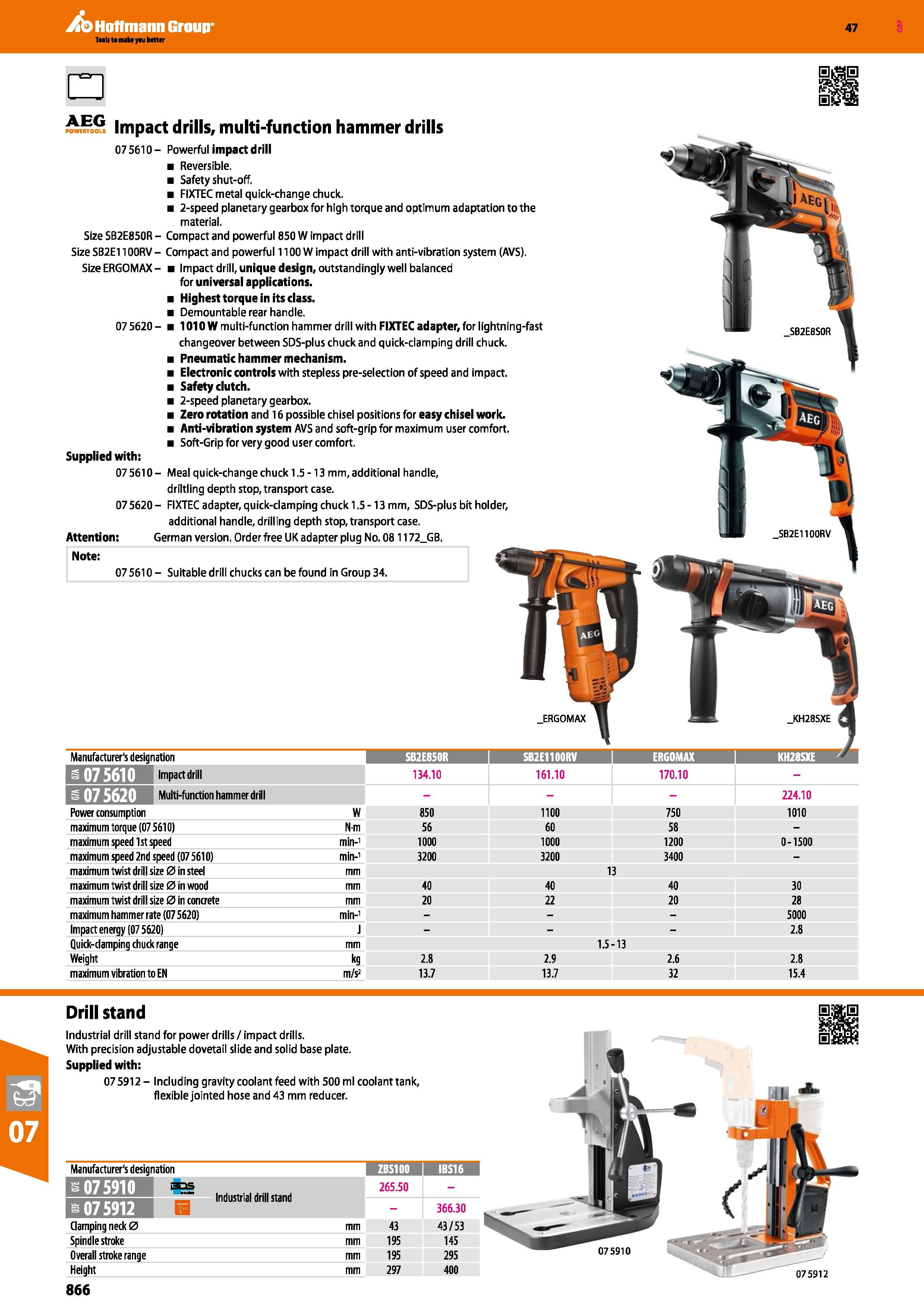 866 Hoffmann Group 47 POWERTOOLS Impact drills, multi-function hammer drills 075610- Powerful impact drill Reversible Safety shut-off FIXTEC metal qu Каталог HOFFMANN GROUP 2016 Ручной слесарно-монтажный и измерительный инструмент и оборудование от комплексного поставщика промышленных предприятий Вер. 47 Англ. Стр. 866