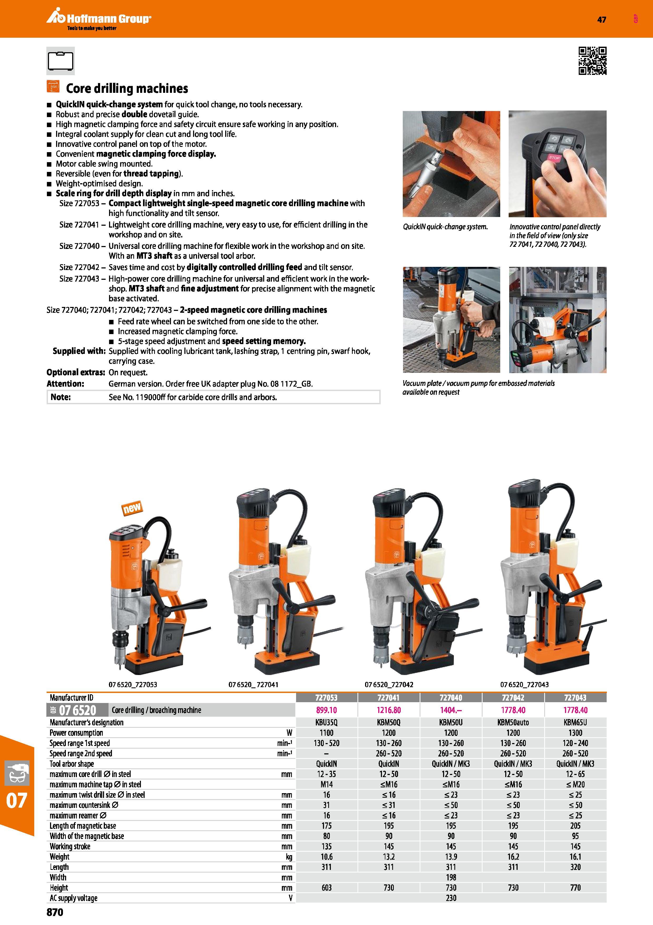 870 Hoffmann Group 47 Core drilling machines QuickIN quick-change system for quick tool change, no tools necessary Robust and precise double dovetail Каталог HOFFMANN GROUP 2016 Ручной слесарно-монтажный и измерительный инструмент и оборудование от комплексного поставщика промышленных предприятий Вер. 47 Англ. Стр. 870
