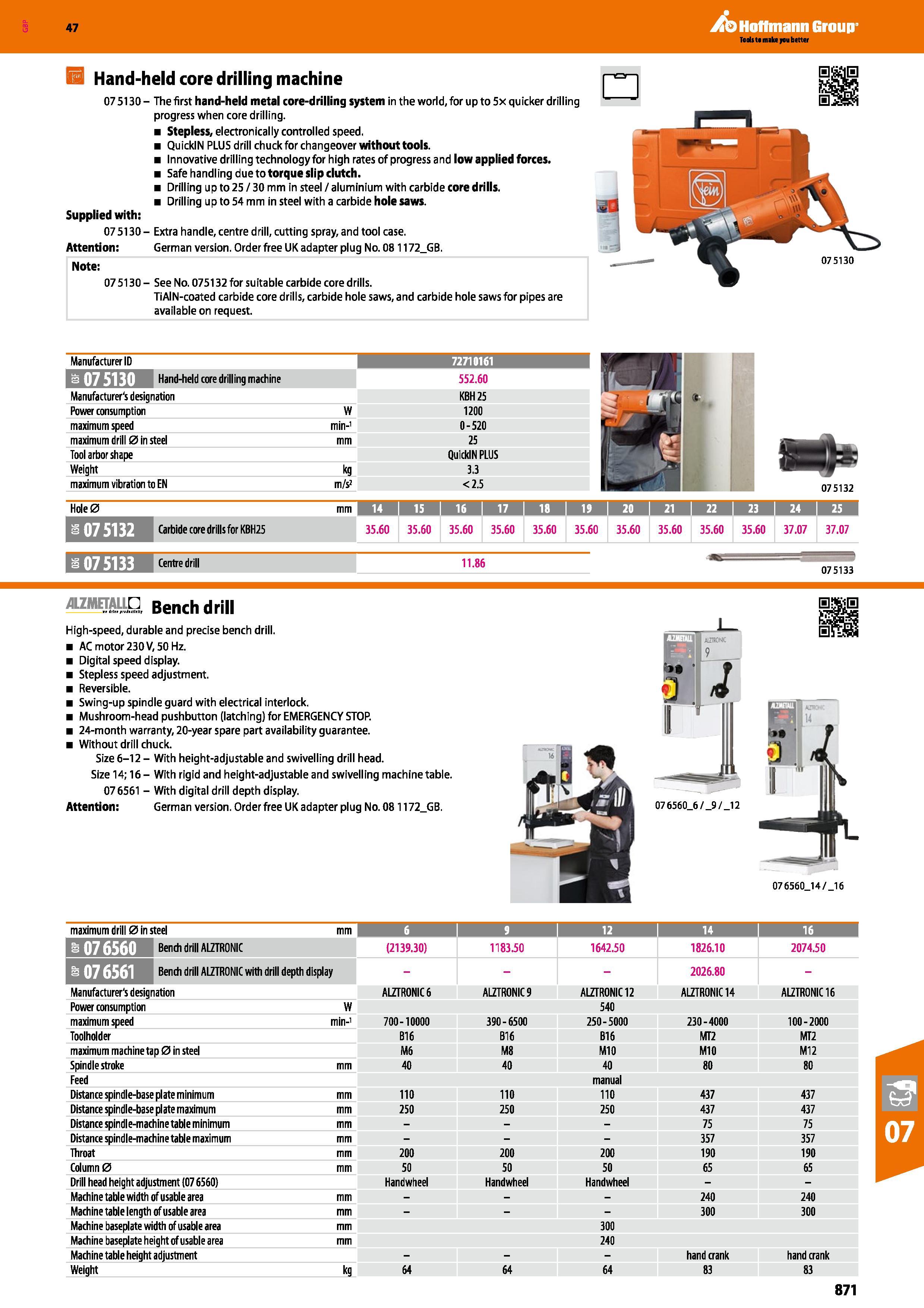 871 47 Hand-held core drilling machine 075130- The first hand-held metal core-drilling system in the world, for upto 5x quicker drilling progress whe Каталог HOFFMANN GROUP 2016 Ручной слесарно-монтажный и измерительный инструмент и оборудование от комплексного поставщика промышленных предприятий Вер. 47 Англ. Стр. 871