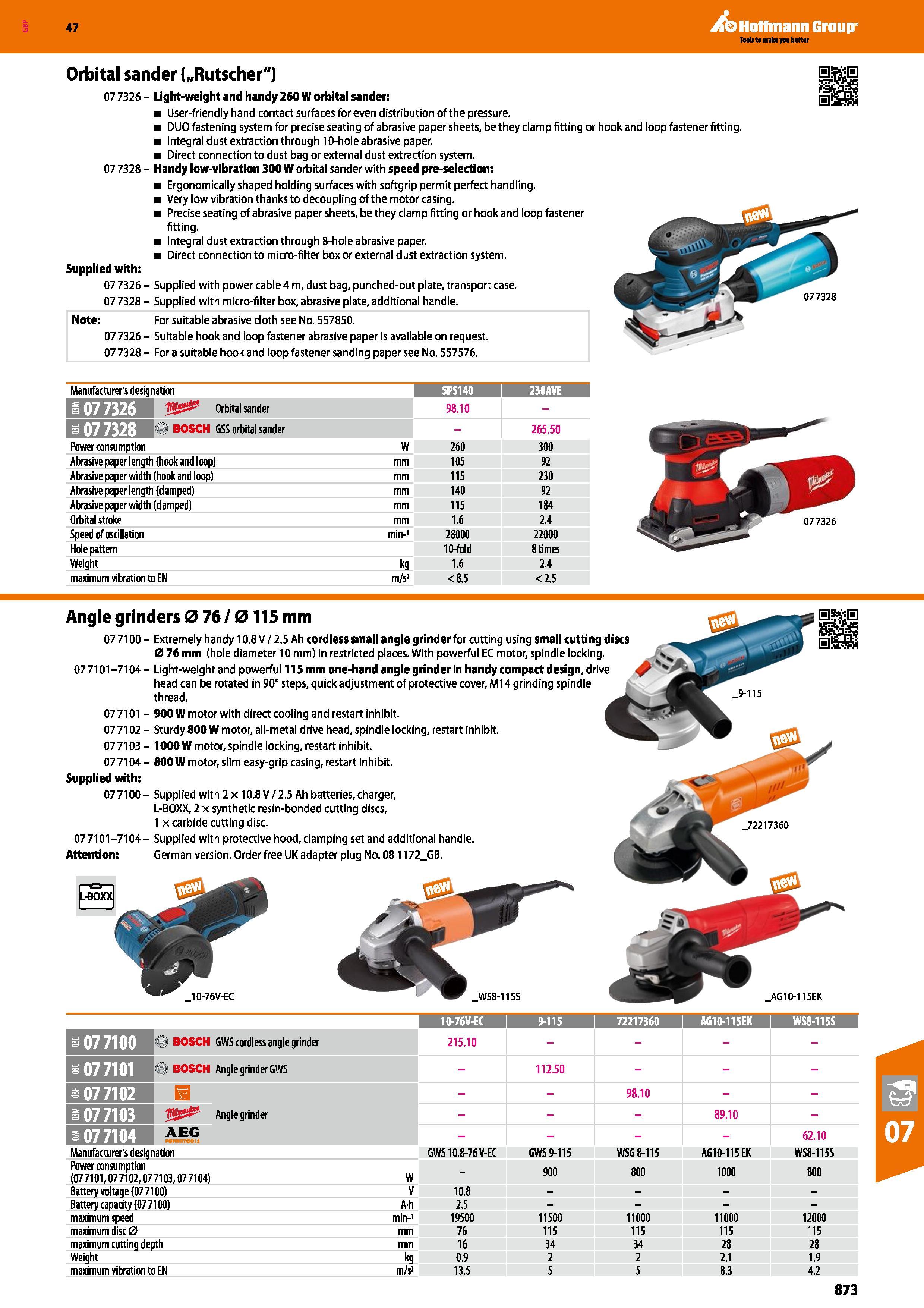 873 Hoffmann Group 47 Orbital sander URutscher ) 07 7326 - Light-weight and handy 260 W orbital sander: User-friendly hand contact surfaces for even Каталог HOFFMANN GROUP 2016 Ручной слесарно-монтажный и измерительный инструмент и оборудование от комплексного поставщика промышленных предприятий Вер. 47 Англ. Стр. 873