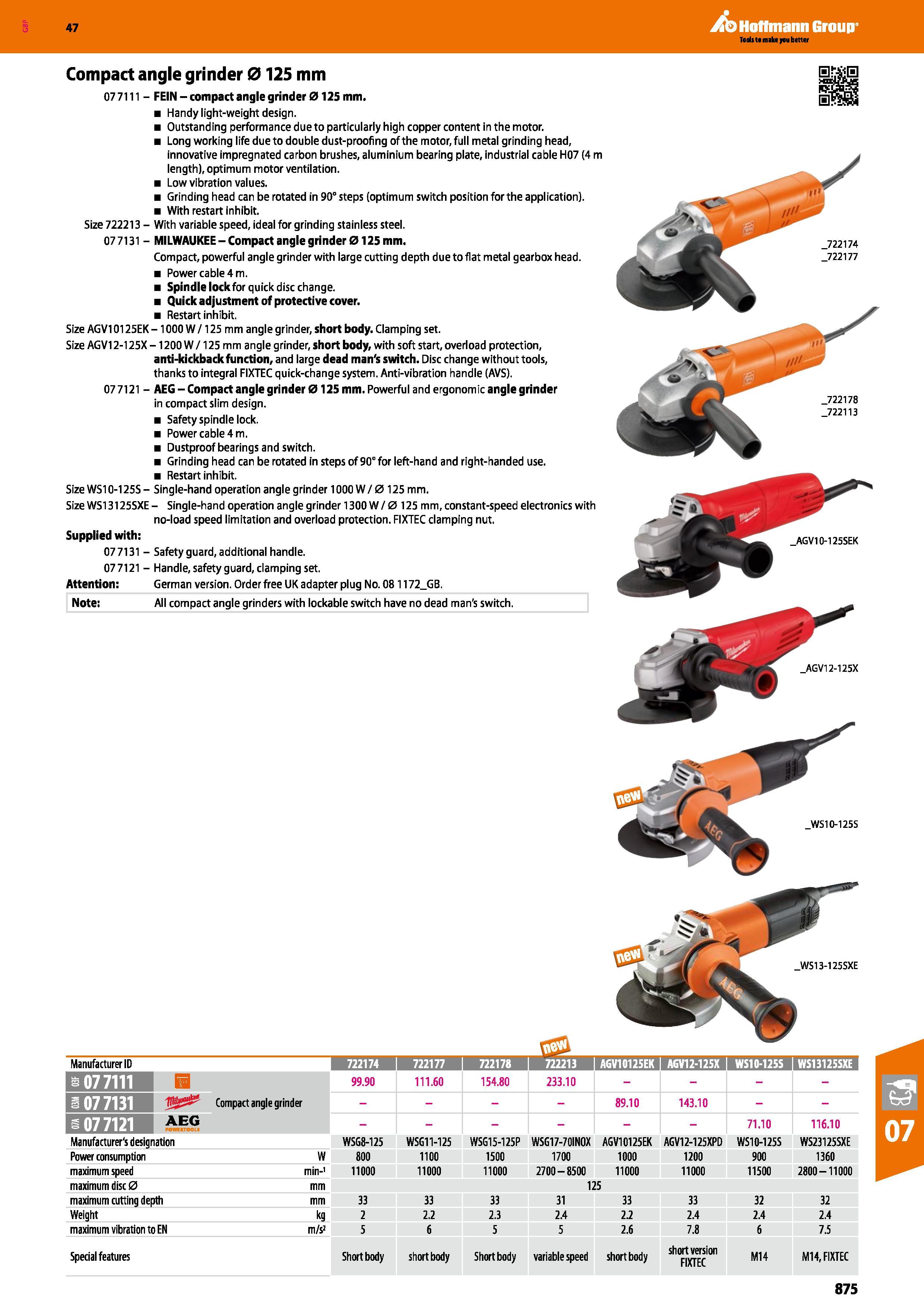 875 Hoffmann Group 47 Compact angle grinder 0125 mm 07 7111 - FEIN - compact angle grinder 0125 mm Handy light-weight design Outstanding performance Каталог HOFFMANN GROUP 2016 Ручной слесарно-монтажный и измерительный инструмент и оборудование от комплексного поставщика промышленных предприятий Вер. 47 Англ. Стр. 875