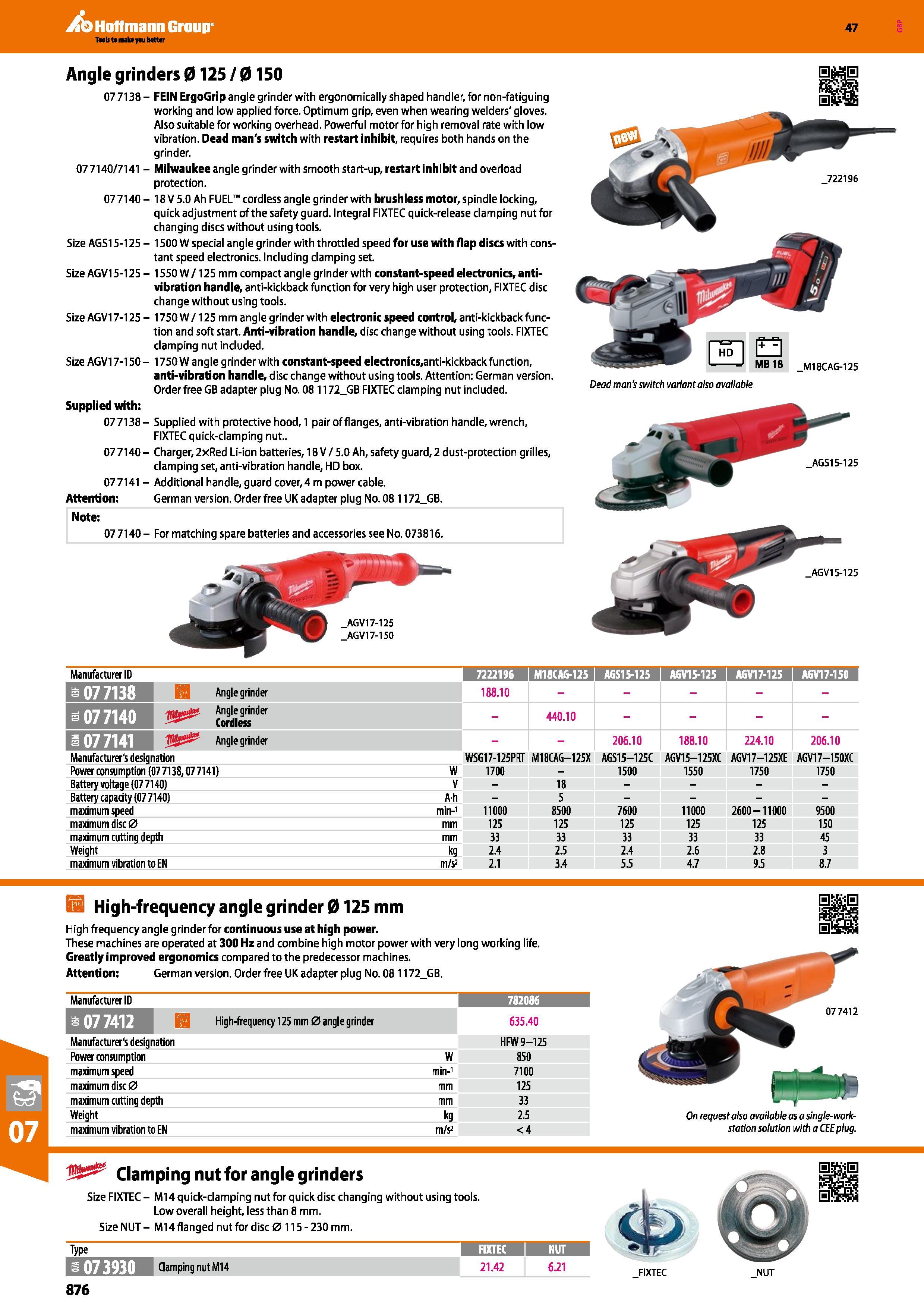 876 Hoffmann Group 47 Angle grinders 0125 / 0150 077138- FEIN ErgoGrip angle grinder with ergonomically shaped handler, for non-fatiguing working and Каталог HOFFMANN GROUP 2016 Ручной слесарно-монтажный и измерительный инструмент и оборудование от комплексного поставщика промышленных предприятий Вер. 47 Англ. Стр. 876