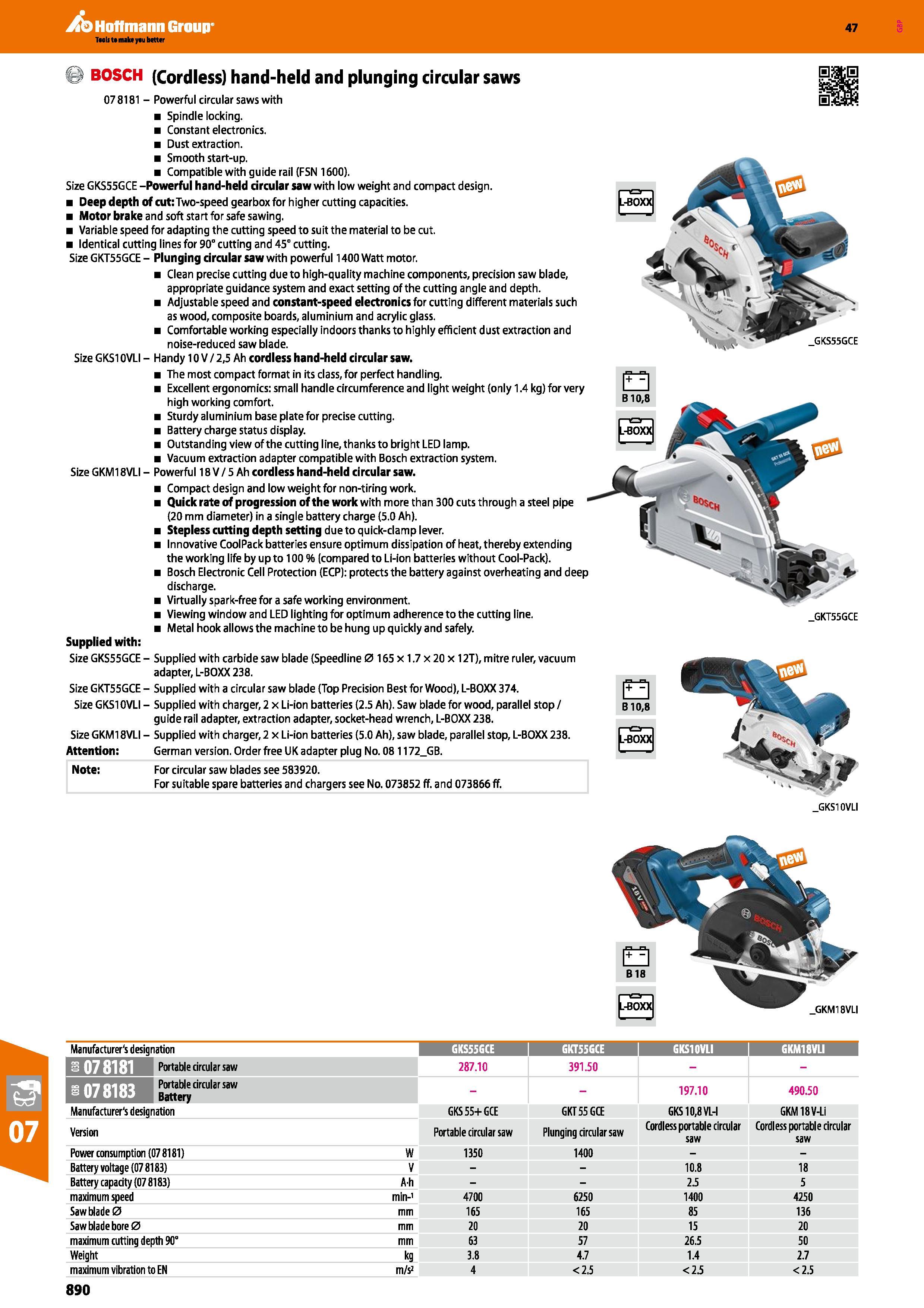 890 Hoffmann Group 47 BOSCH (Cordless) hand-held and plunging circular saws 078181 - Powerful circular saws with Spindle locking Constant electronics Каталог HOFFMANN GROUP 2016 Ручной слесарно-монтажный и измерительный инструмент и оборудование от комплексного поставщика промышленных предприятий Вер. 47 Англ. Стр. 890