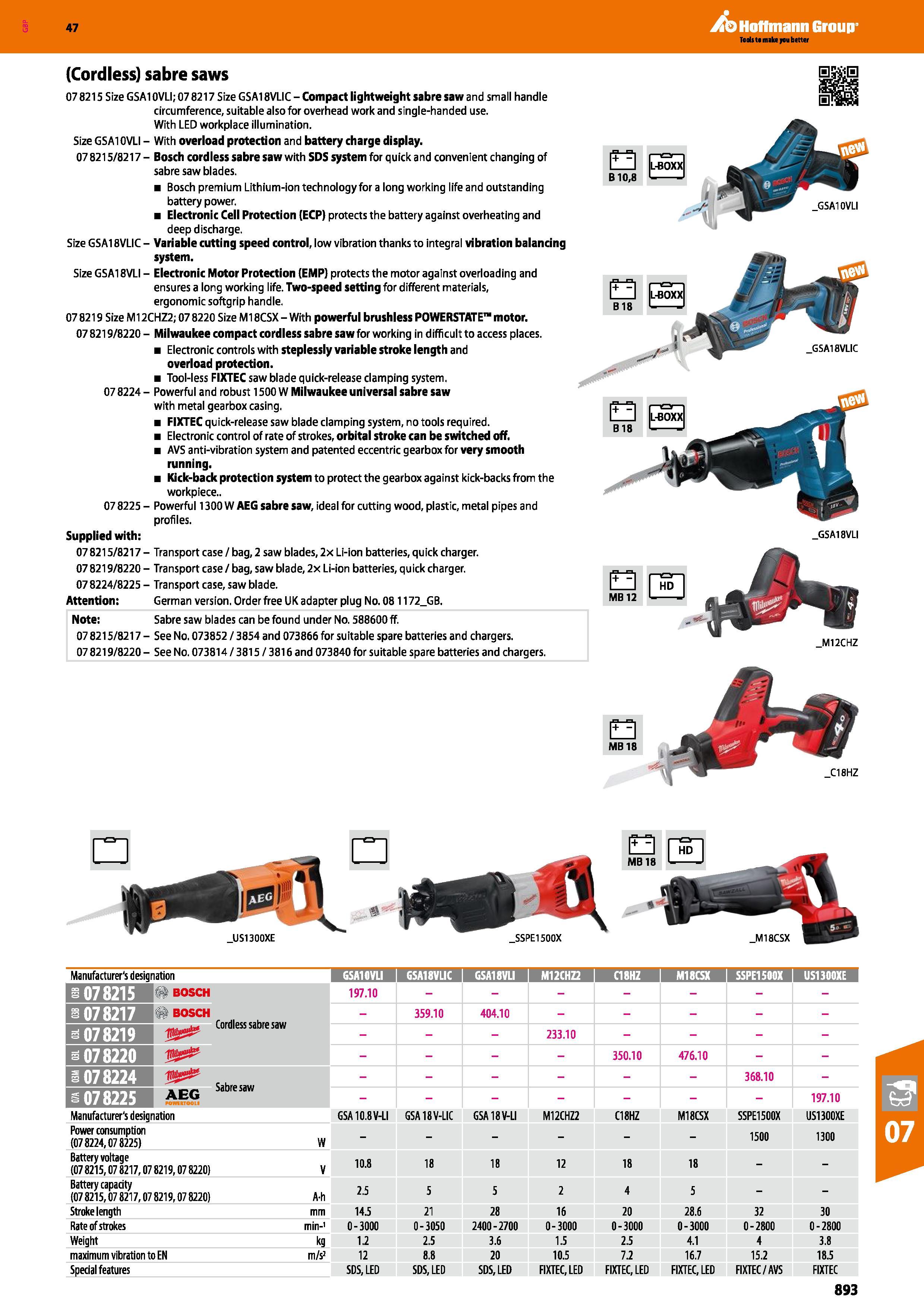 893 Hoffmann Group 47 (Cordless) sabre saws 078215 Size GSA10VLI; 07 8217 Size GSA18VLIC- Compact lightweight sabre saw and small handle circumferenc Каталог HOFFMANN GROUP 2016 Ручной слесарно-монтажный и измерительный инструмент и оборудование от комплексного поставщика промышленных предприятий Вер. 47 Англ. Стр. 893