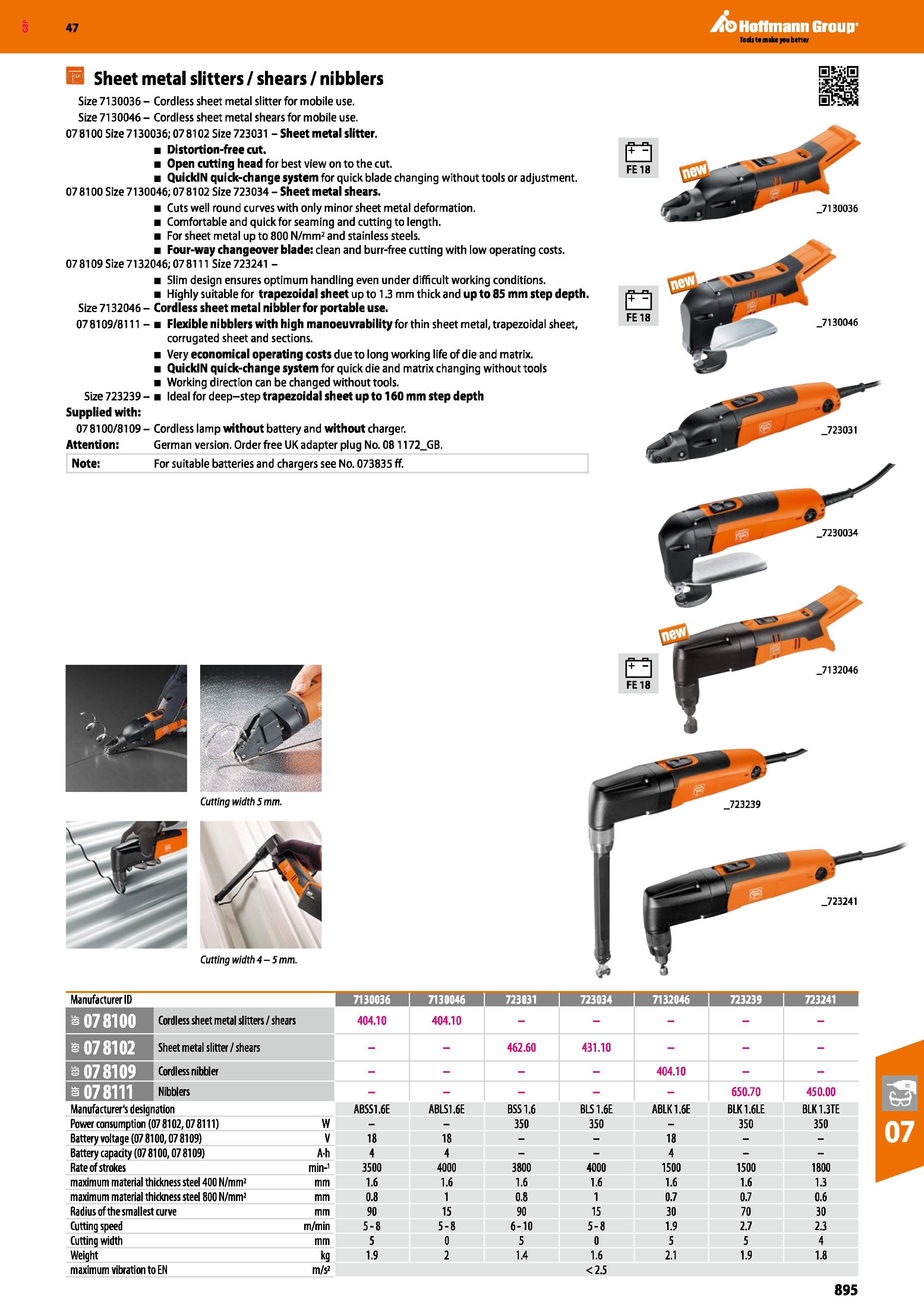 895 Hoffmann Group 47 IS Sheet metal slitters / shears / nibblers Size 7130036 - Cordless sheet metal slitter for mobile use Size 7130046 - Cordless Каталог HOFFMANN GROUP 2016 Ручной слесарно-монтажный и измерительный инструмент и оборудование от комплексного поставщика промышленных предприятий Вер. 47 Англ. Стр. 895
