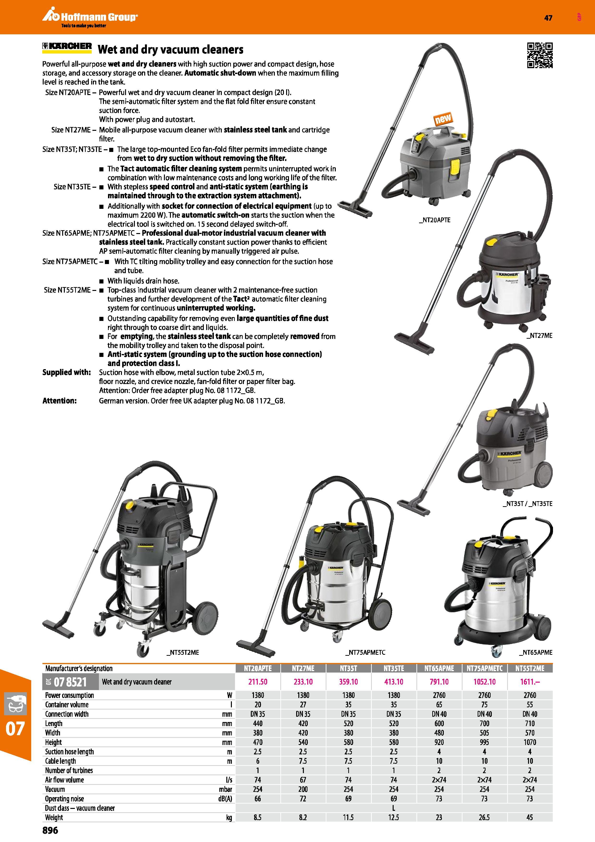 896 Hoffmann Group 47 skxrcher Wet an(j dry vacuum cleaners Powerful all-purpose wet and dry cleaners with high suction power and compact design, hos Каталог HOFFMANN GROUP 2016 Ручной слесарно-монтажный и измерительный инструмент и оборудование от комплексного поставщика промышленных предприятий Вер. 47 Англ. Стр. 896