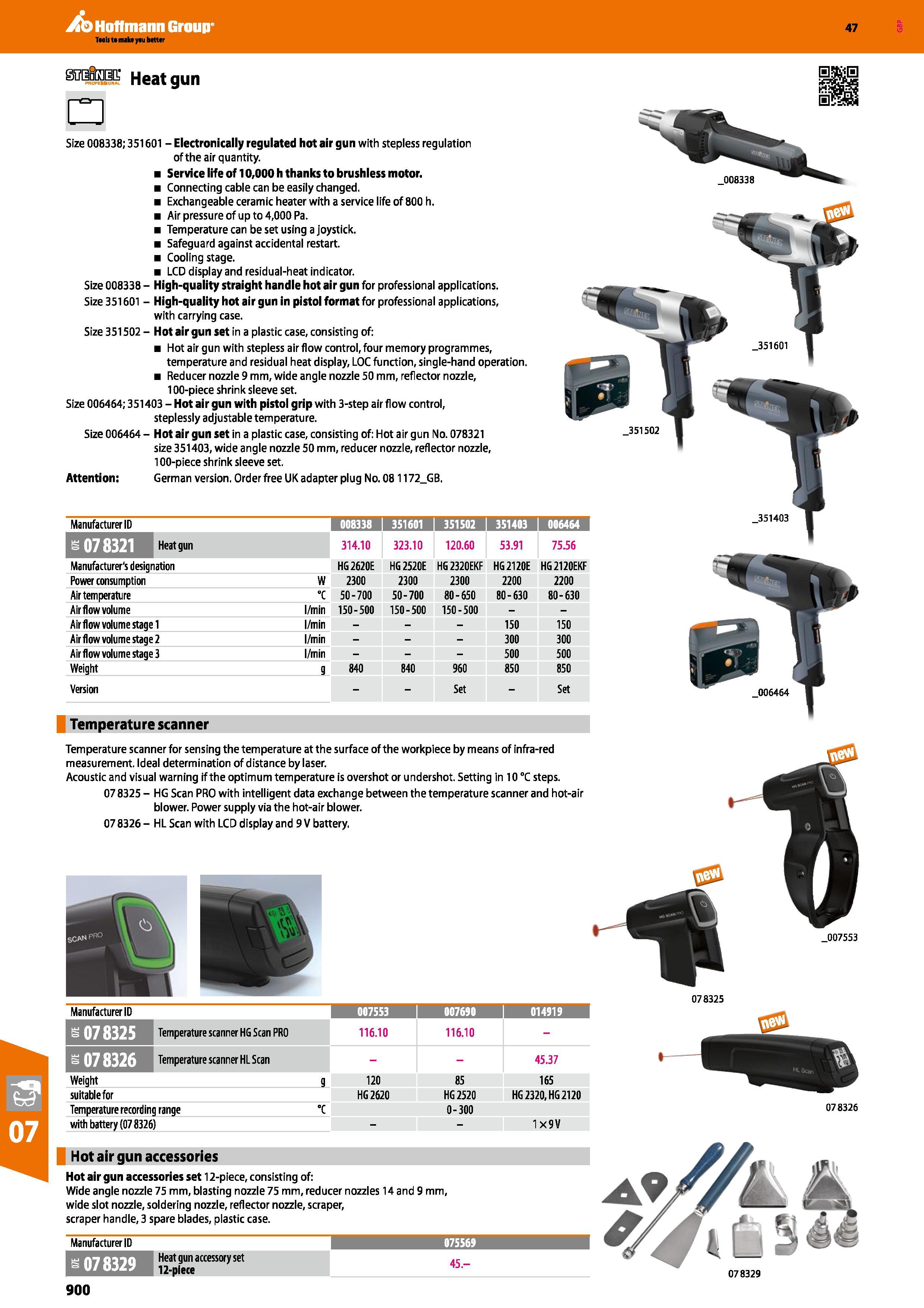 900 Size 008338; 351601 - Electronically regulated hot air gun with stepless regulation of the air quantity Service life of 10,000 h thanks to brushl Каталог HOFFMANN GROUP 2016 Ручной слесарно-монтажный и измерительный инструмент и оборудование от комплексного поставщика промышленных предприятий Вер. 47 Англ. Стр. 900
