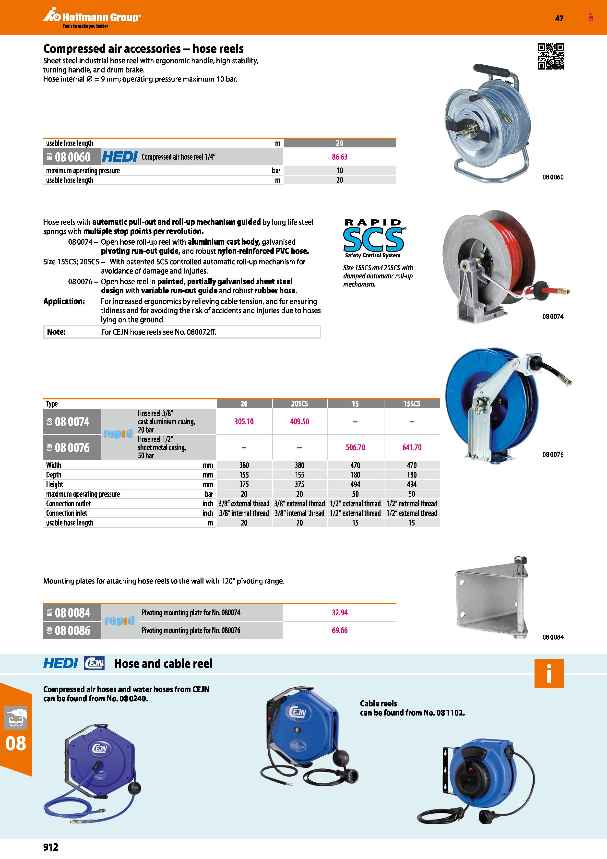 912 Hoffmann Group 47 Compressed air accessories - hose reels Sheet steel industrial hose reel with ergonomic handle, high stability, turning handle, Каталог HOFFMANN GROUP 2016 Ручной слесарно-монтажный и измерительный инструмент и оборудование от комплексного поставщика промышленных предприятий Вер. 47 Англ. Стр. 912