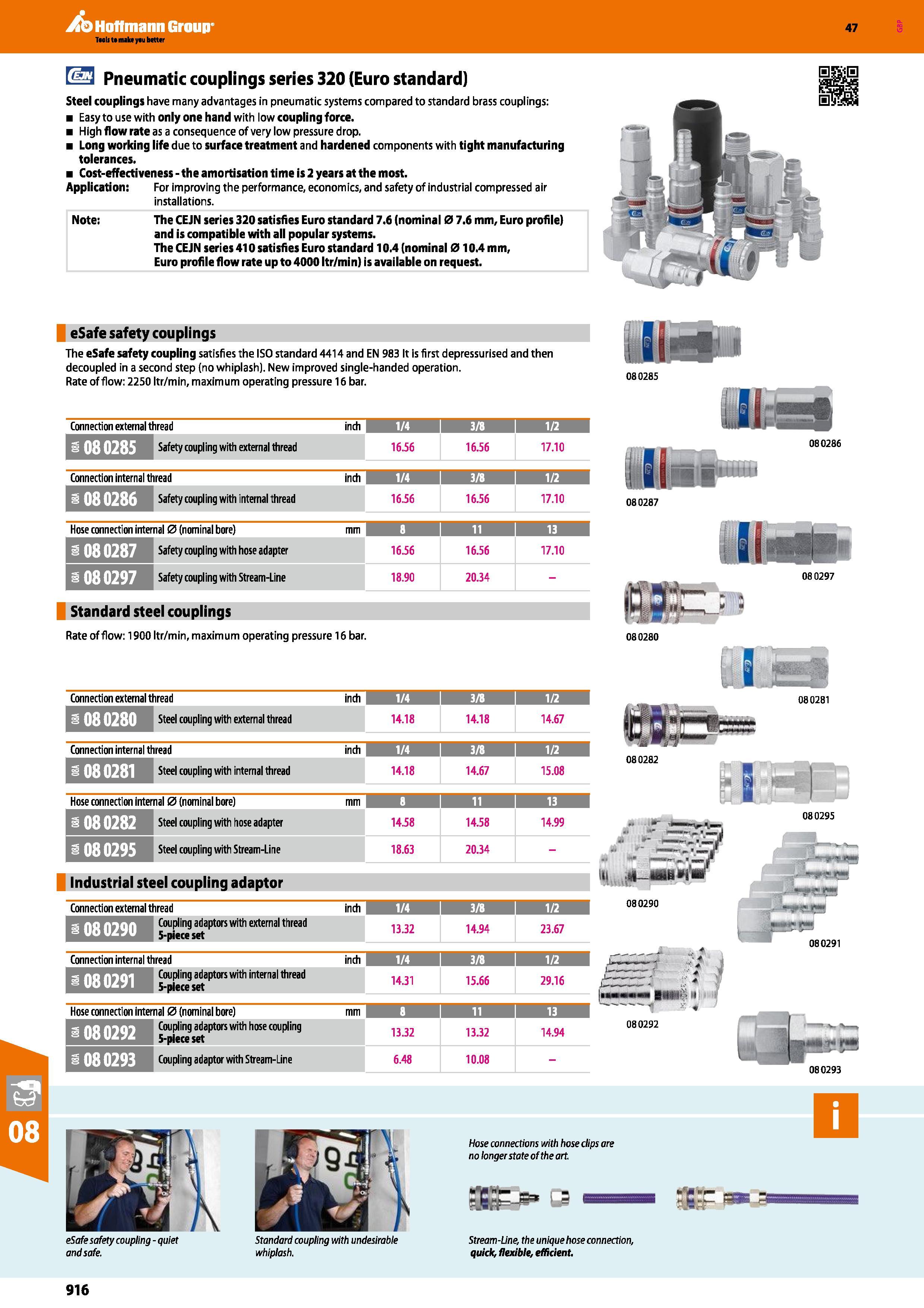916 Hoffmann Group 47 Pneumatic couplings series 320 (Euro standard) Steel couplings have many advantages in pneumatic systems compared to standard b Каталог HOFFMANN GROUP 2016 Ручной слесарно-монтажный и измерительный инструмент и оборудование от комплексного поставщика промышленных предприятий Вер. 47 Англ. Стр. 916