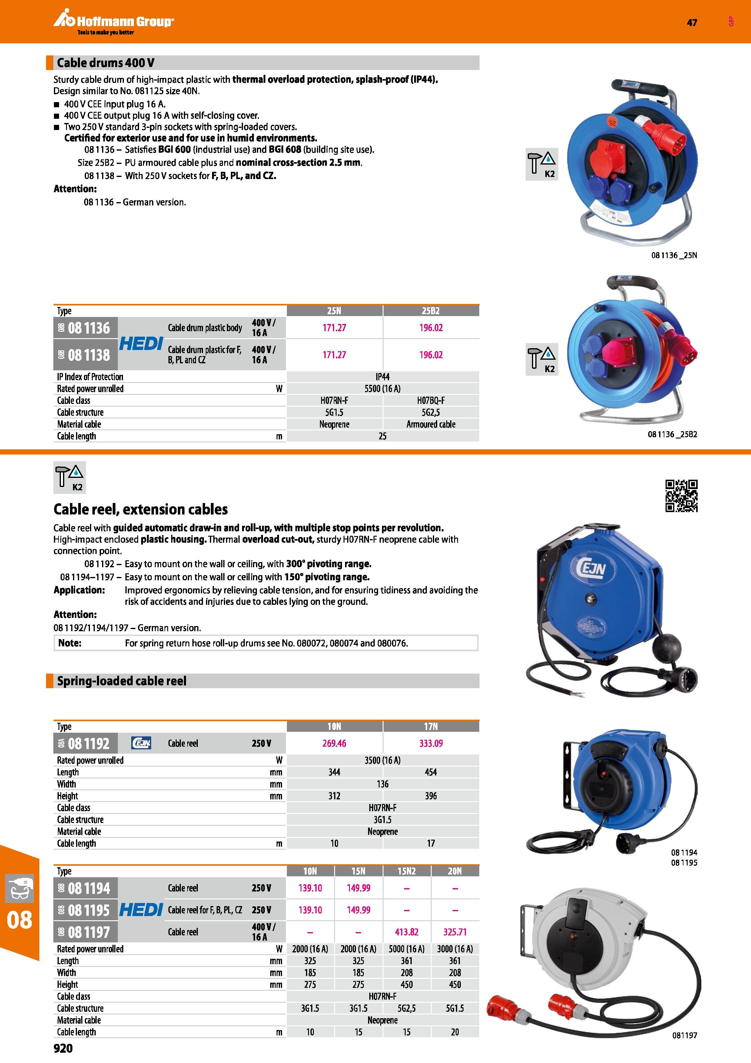 920 Hoffmann Group 47 Cable drums 400 V Sturdy cable drum of high-lmpact plastic with thermal overload protection, splash-proof (IP44) Design similar Каталог HOFFMANN GROUP 2016 Ручной слесарно-монтажный и измерительный инструмент и оборудование от комплексного поставщика промышленных предприятий Вер. 47 Англ. Стр. 920