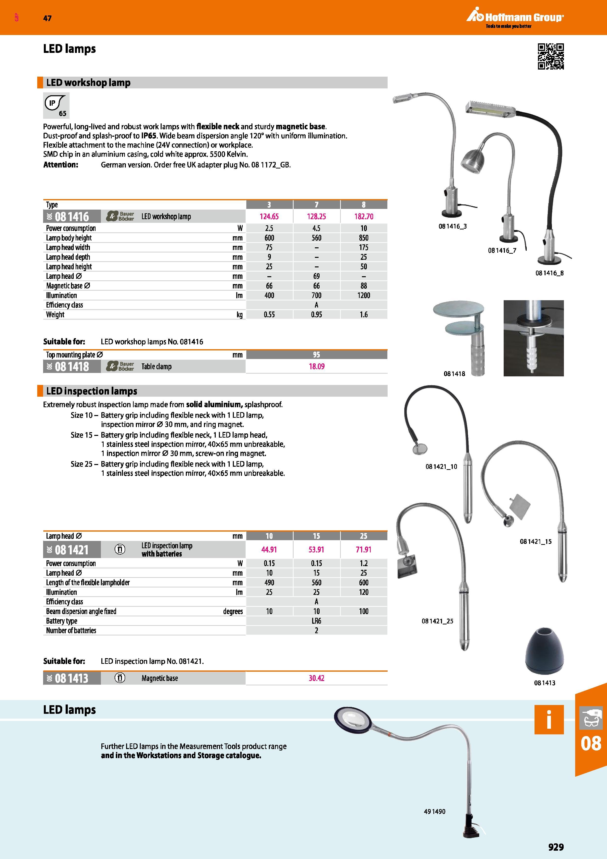 929 Hoffmann Group 47 LED lamps LED workshop lamp (zT 65 Powerful, long-lived and robust work lamps with flexible neck and sturdy magnetic base Dust- Каталог HOFFMANN GROUP 2016 Ручной слесарно-монтажный и измерительный инструмент и оборудование от комплексного поставщика промышленных предприятий Вер. 47 Англ. Стр. 929