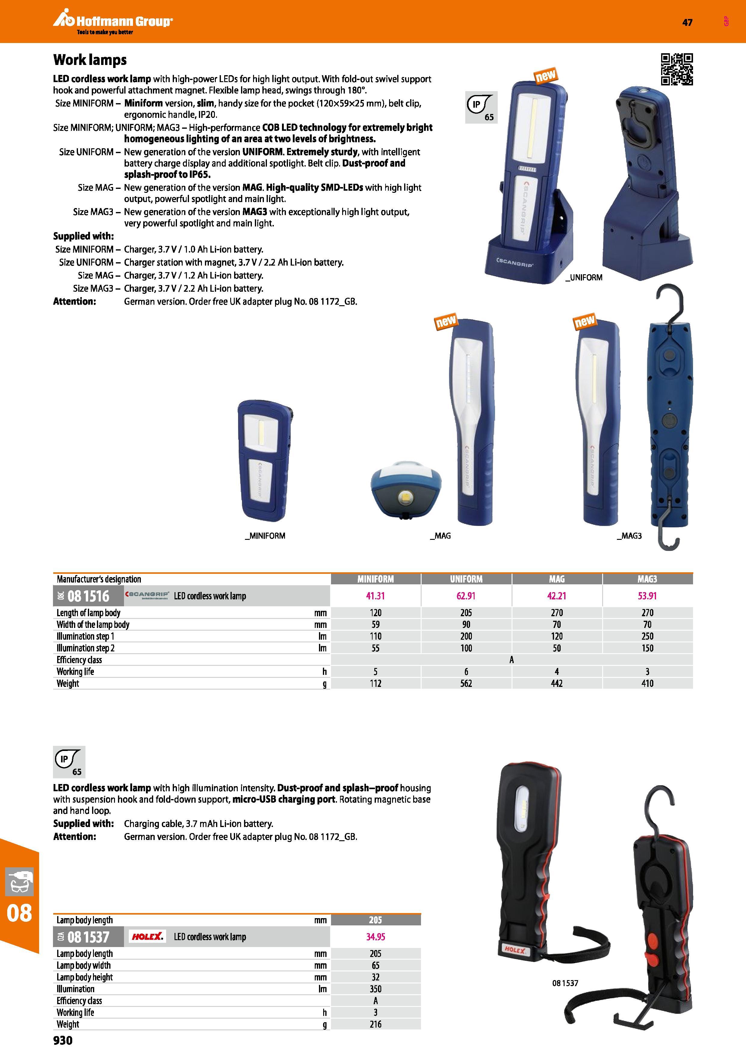930 Hoffmann Group 47 Work lamps LED cordless work lamp with high-power LEDs for high light output With fold-out swivel support hook and powerful att Каталог HOFFMANN GROUP 2016 Ручной слесарно-монтажный и измерительный инструмент и оборудование от комплексного поставщика промышленных предприятий Вер. 47 Англ. Стр. 930