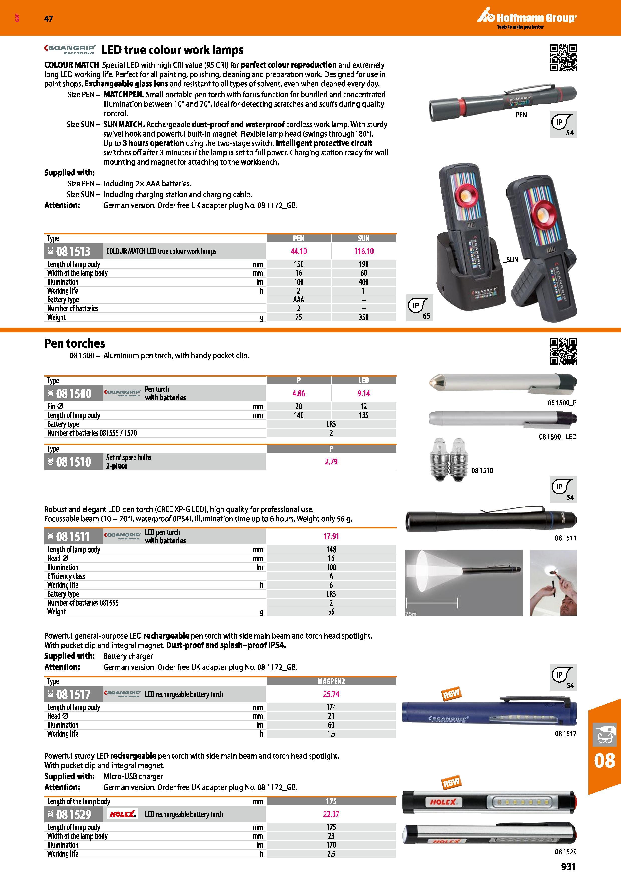 931 47 Cac LED true colour work lamps COLOUR MATCH Special LED with high CRI value (95 CRI) for perfect colour reproduction and extremely long LED wo Каталог HOFFMANN GROUP 2016 Ручной слесарно-монтажный и измерительный инструмент и оборудование от комплексного поставщика промышленных предприятий Вер. 47 Англ. Стр. 931