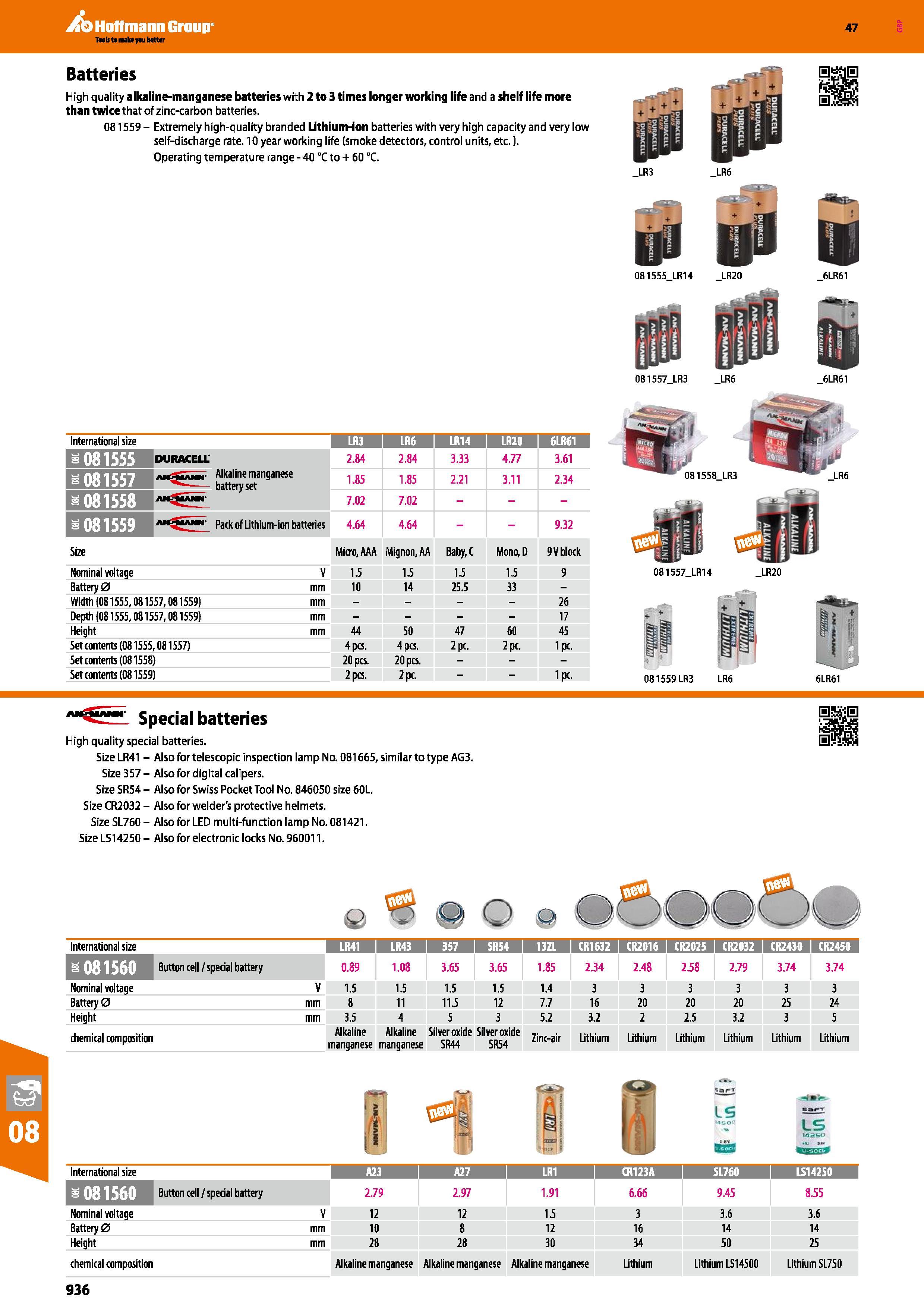 936 Hoffmann Group 47 Batteries High quality alkaline-manganese batteries with 2 to 3 times longer working life and a shelf life more than twice that Каталог HOFFMANN GROUP 2016 Ручной слесарно-монтажный и измерительный инструмент и оборудование от комплексного поставщика промышленных предприятий Вер. 47 Англ. Стр. 936