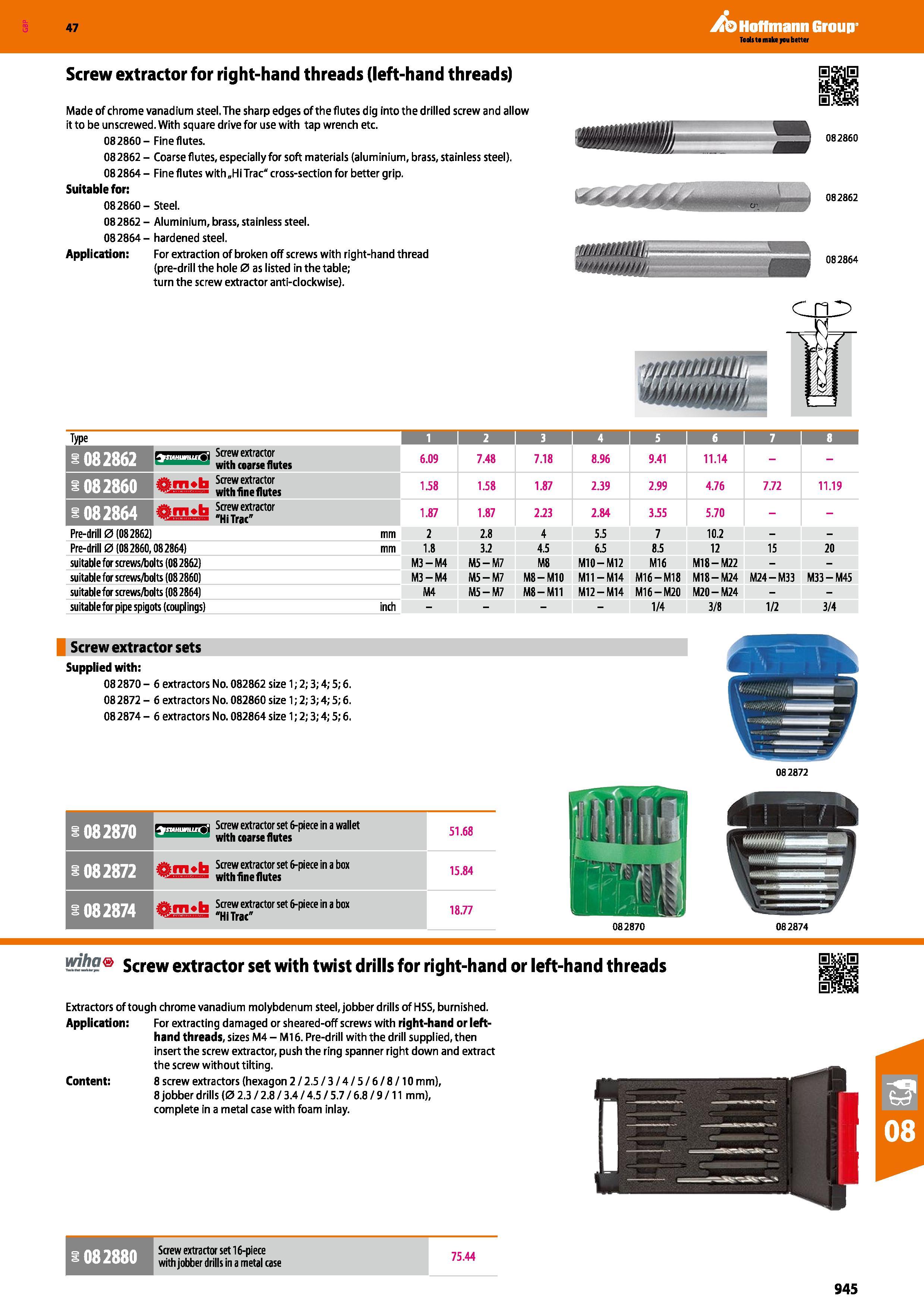 945 Hoffmann Group 47 Screw extractor for right-hand threads (left-hand threads) Made of chrome vanadium steel The sharp edges of the flutes dig into Каталог HOFFMANN GROUP 2016 Ручной слесарно-монтажный и измерительный инструмент и оборудование от комплексного поставщика промышленных предприятий Вер. 47 Англ. Стр. 945