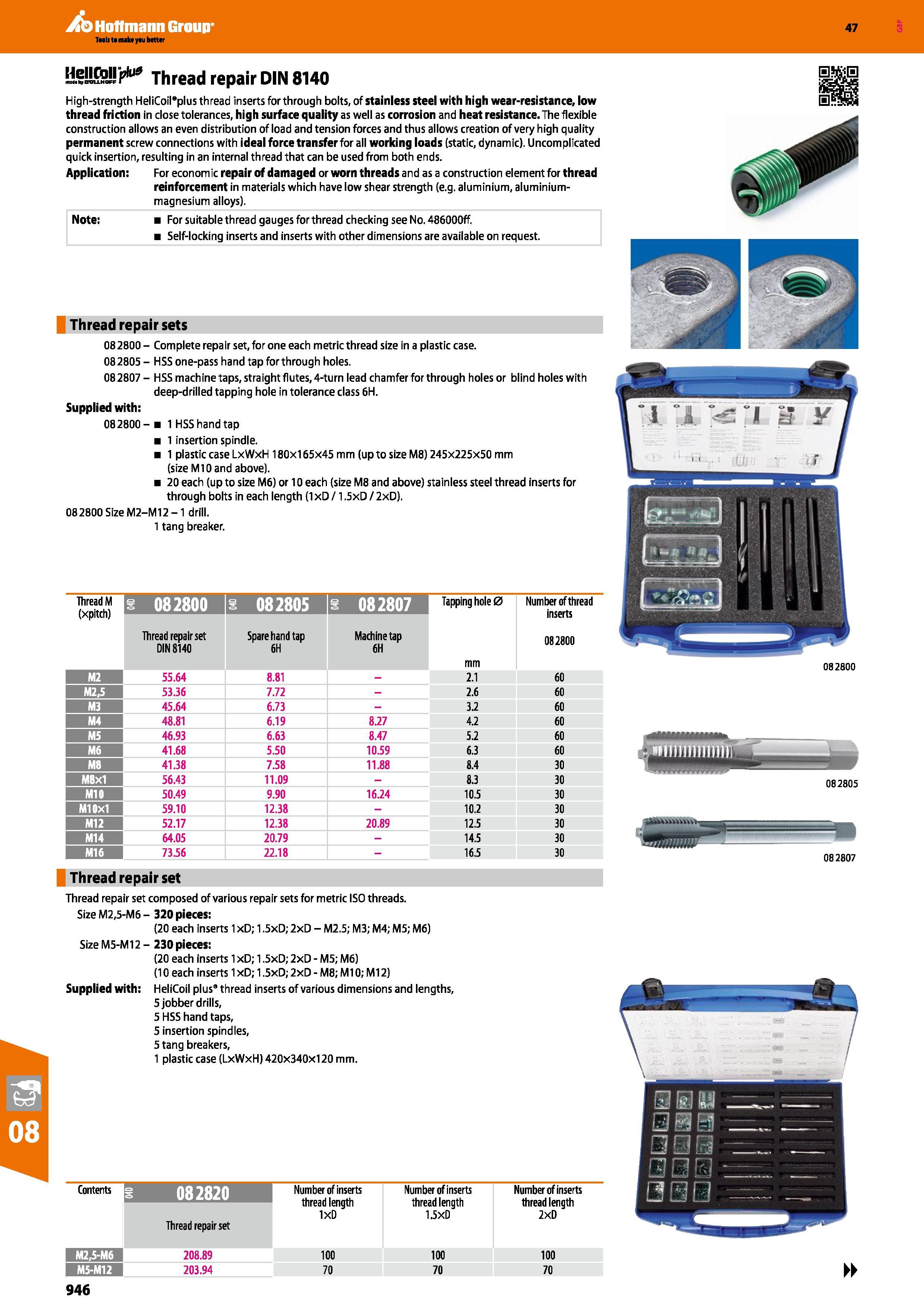 946 Hoffmann Group 47 Thread repair DIN 8140 High-strength HeliCoil'plus thread inserts for through bolts, of stainless steel with high wear-resistan Каталог HOFFMANN GROUP 2016 Ручной слесарно-монтажный и измерительный инструмент и оборудование от комплексного поставщика промышленных предприятий Вер. 47 Англ. Стр. 946