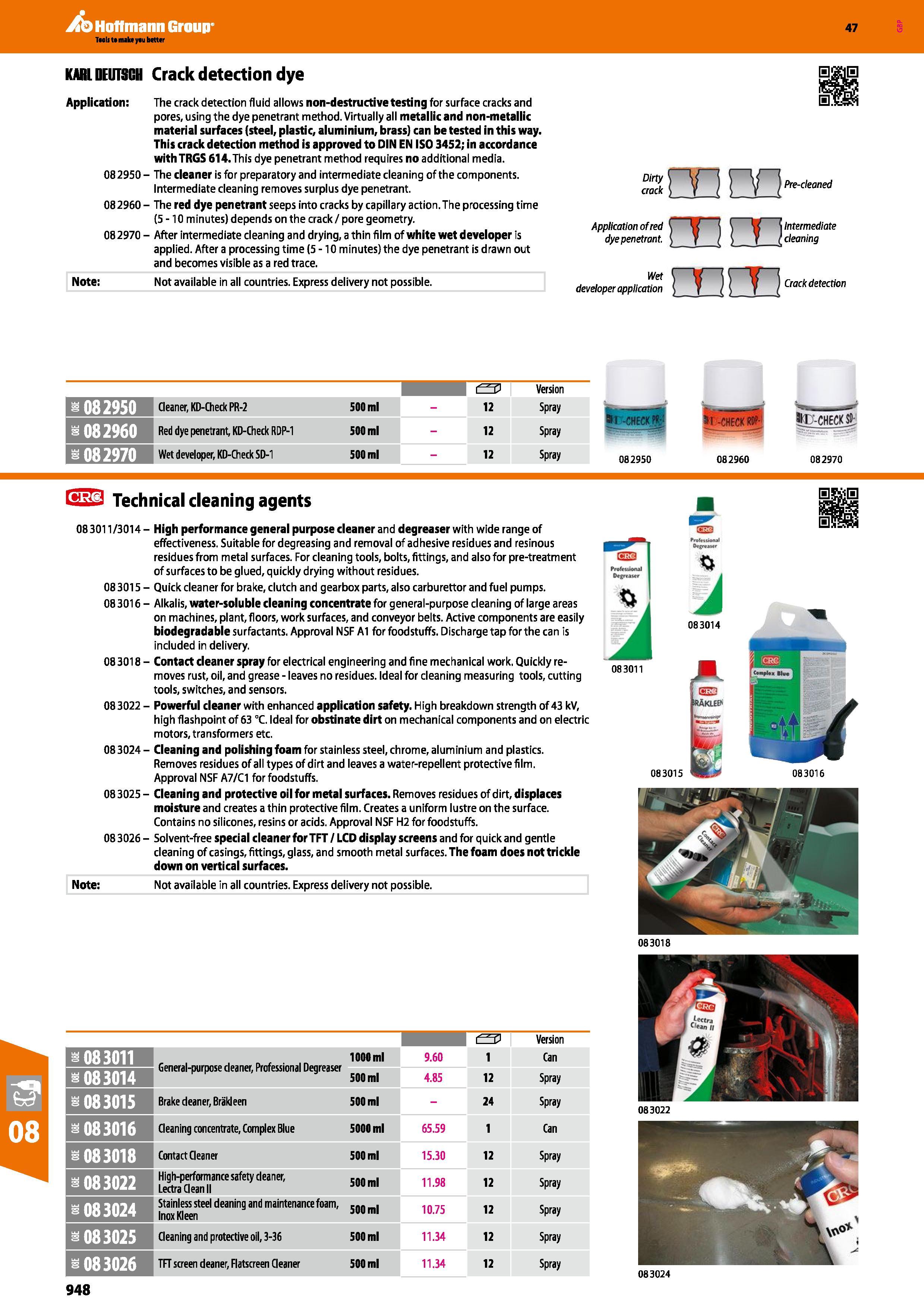 948 Hoffmann Group 47 KARL DEUTSGH Crack detection dye Application: The crack detection fluid allows non-destructive testing for surface cracks and p Каталог HOFFMANN GROUP 2016 Ручной слесарно-монтажный и измерительный инструмент и оборудование от комплексного поставщика промышленных предприятий Вер. 47 Англ. Стр. 948