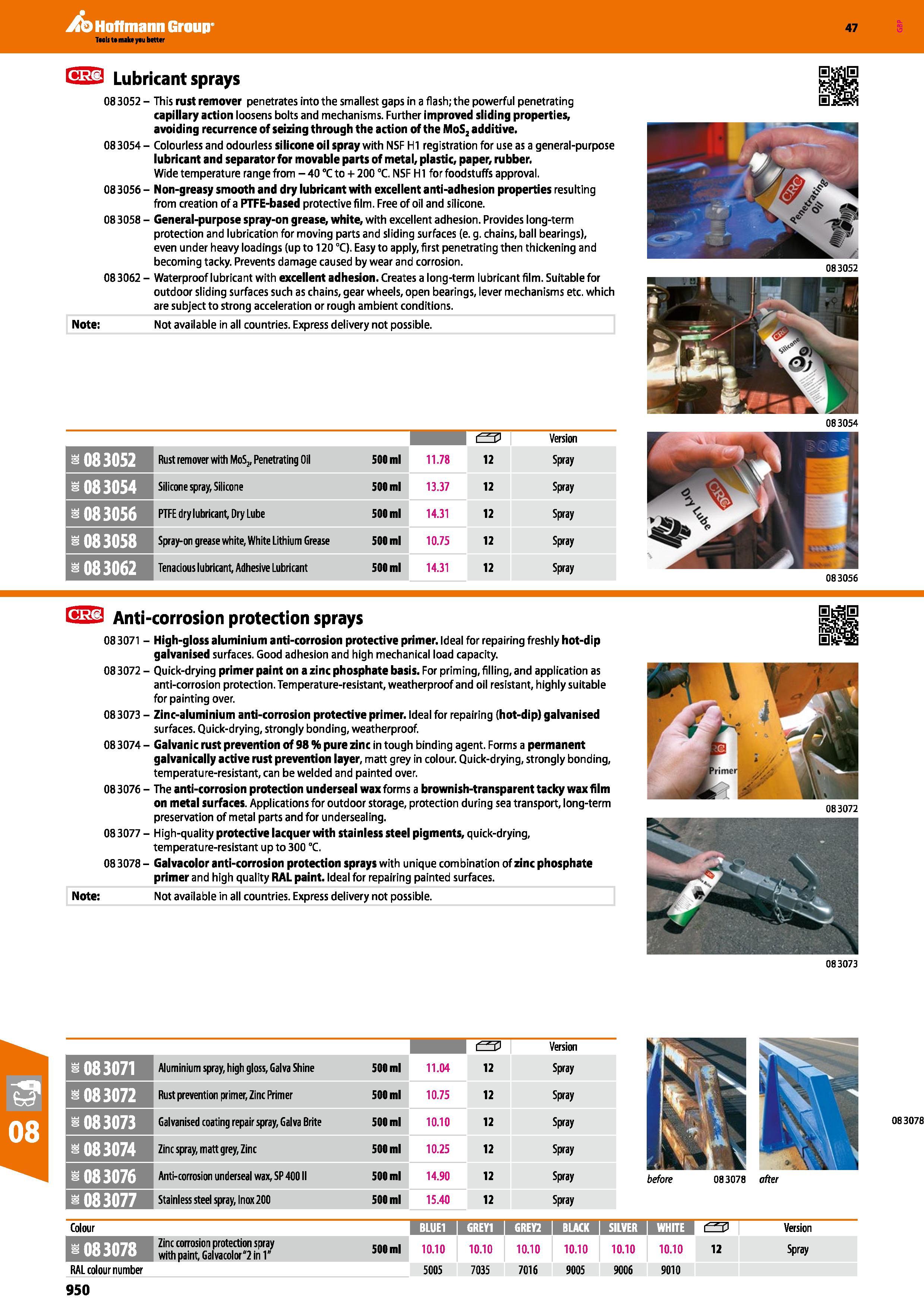 950 Hoffmann Group 47 Lubricant sprays Note: 08 3052 - This rust remover penetrates into the smallest gaps in a flash; the powerful penetrating capil Каталог HOFFMANN GROUP 2016 Ручной слесарно-монтажный и измерительный инструмент и оборудование от комплексного поставщика промышленных предприятий Вер. 47 Англ. Стр. 950