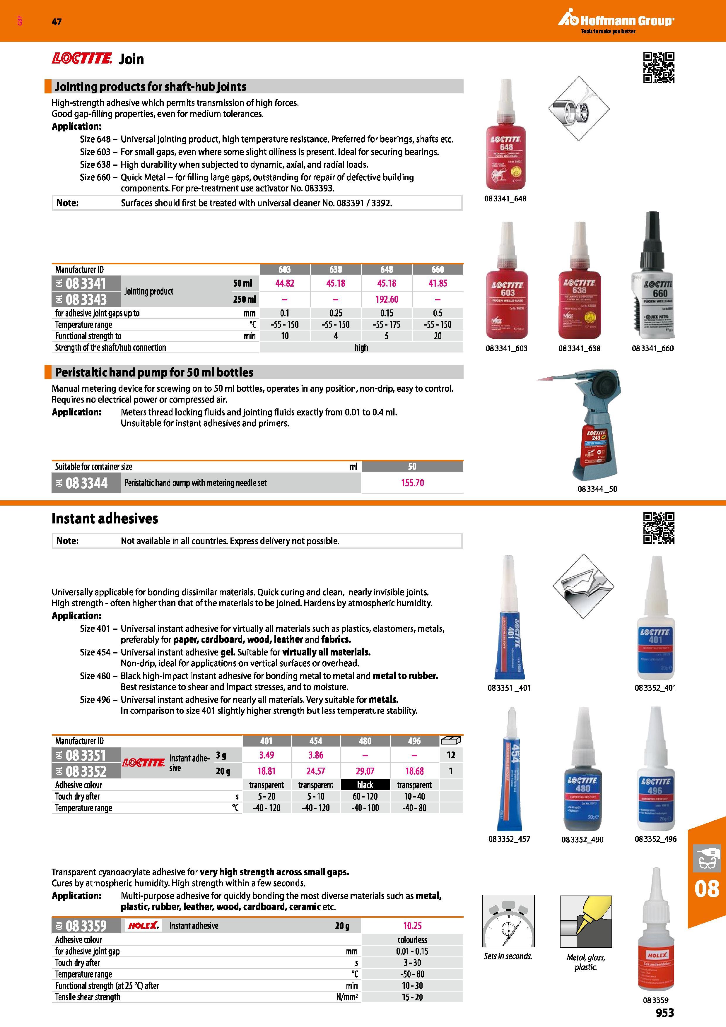 953 Hoffmann Group 47 EMGTffi Join Jointing products for shaft-hub joints High-strength adhesive which permits transmission of high forces Good gap-f Каталог HOFFMANN GROUP 2016 Ручной слесарно-монтажный и измерительный инструмент и оборудование от комплексного поставщика промышленных предприятий Вер. 47 Англ. Стр. 953
