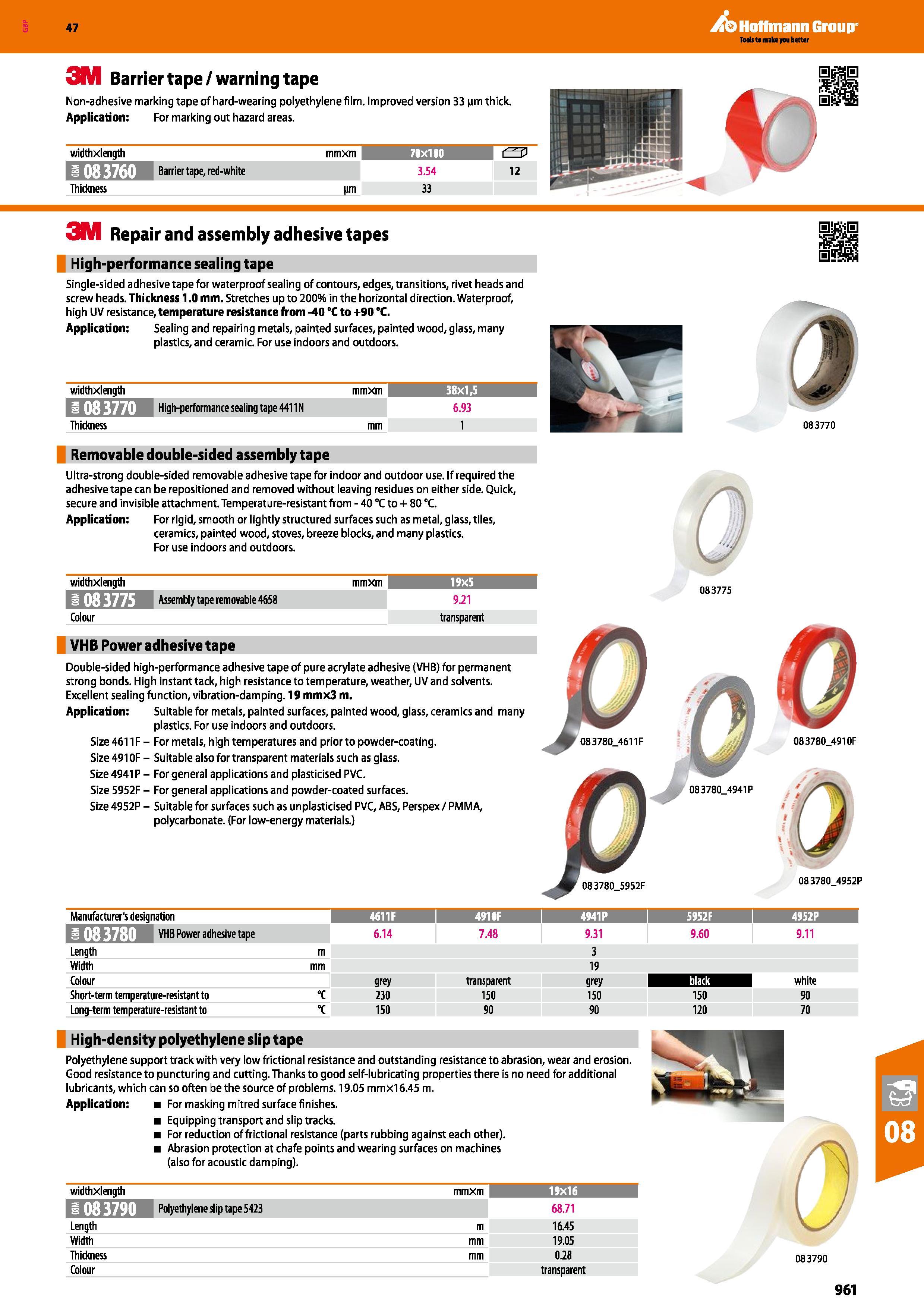 961 Hoffmann Group 47 3M Barrier tape/warning tape Non-adhesive marking tape of hard-wearing polyethylene film Improved version 33 jim thick Applicat Каталог HOFFMANN GROUP 2016 Ручной слесарно-монтажный и измерительный инструмент и оборудование от комплексного поставщика промышленных предприятий Вер. 47 Англ. Стр. 961