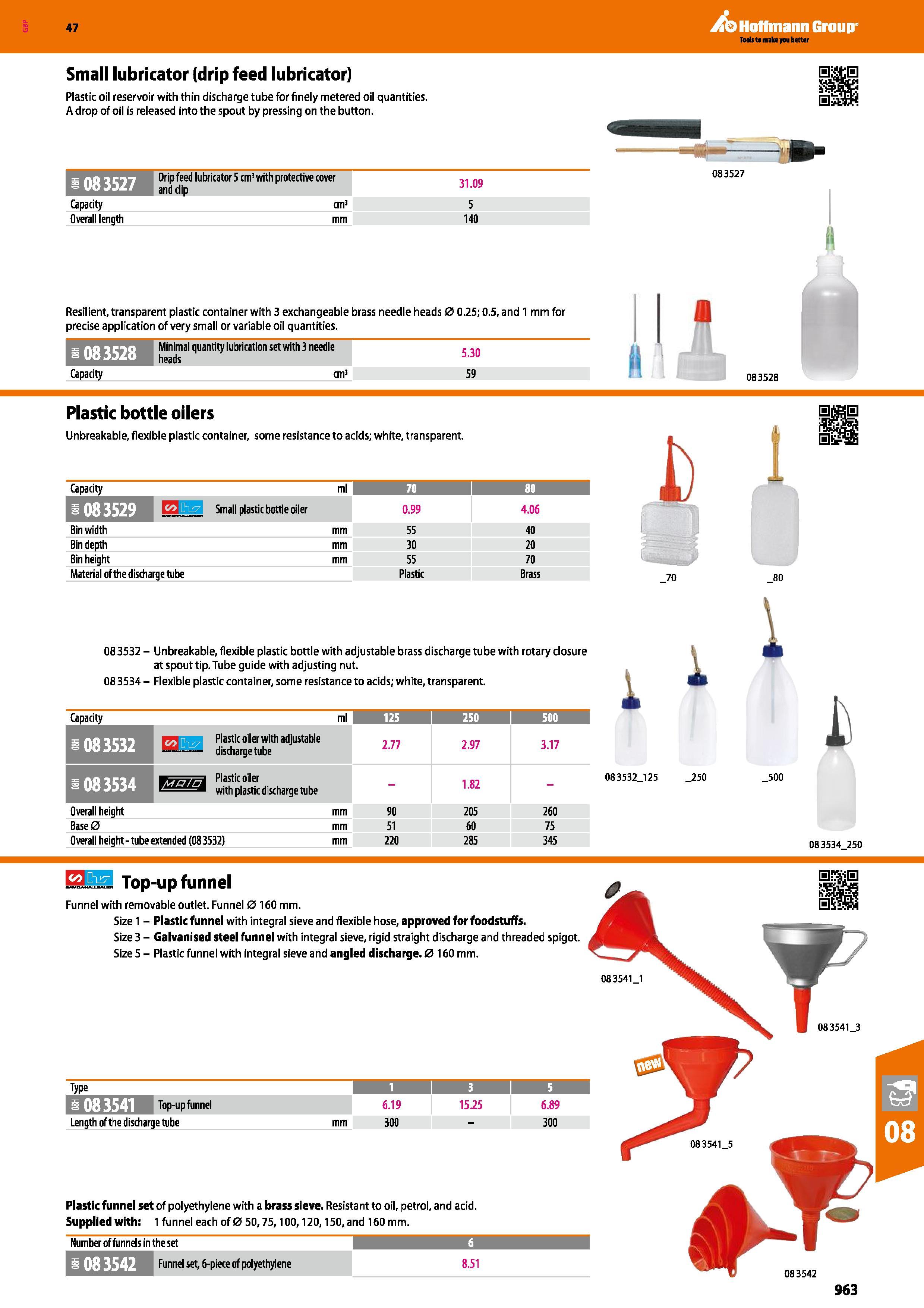 963 Hoffmann Group 47 Small lubricator (drip feed lubricator) Plastic oil reservoir with thin discharge tube for finely metered oil quantities A drop Каталог HOFFMANN GROUP 2016 Ручной слесарно-монтажный и измерительный инструмент и оборудование от комплексного поставщика промышленных предприятий Вер. 47 Англ. Стр. 963