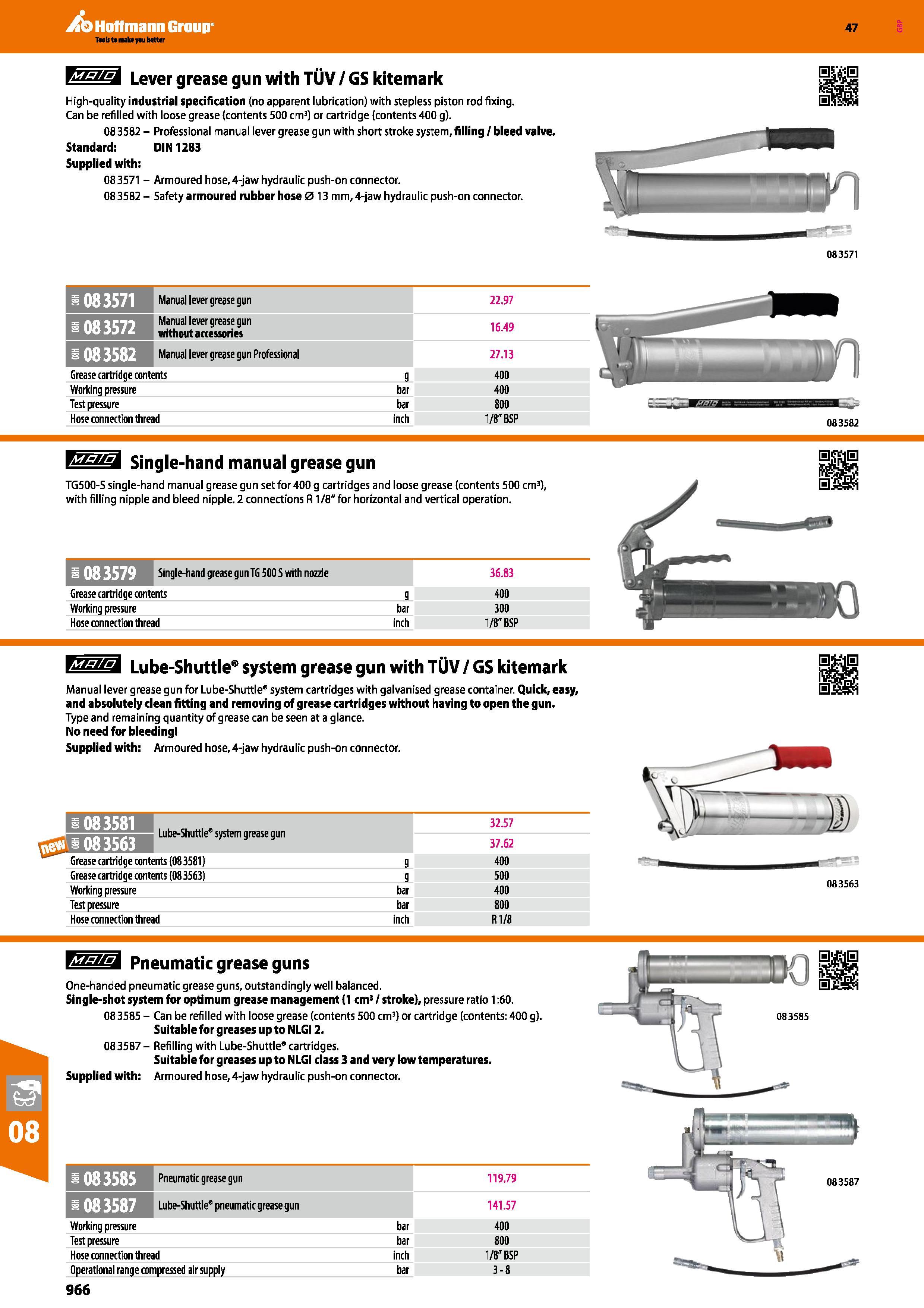 966 Hoffmann Group 47 Lever grease gun with TUV / GS kitemark High-quality industrial specification (no apparent lubrication) with stepless piston ro Каталог HOFFMANN GROUP 2016 Ручной слесарно-монтажный и измерительный инструмент и оборудование от комплексного поставщика промышленных предприятий Вер. 47 Англ. Стр. 966