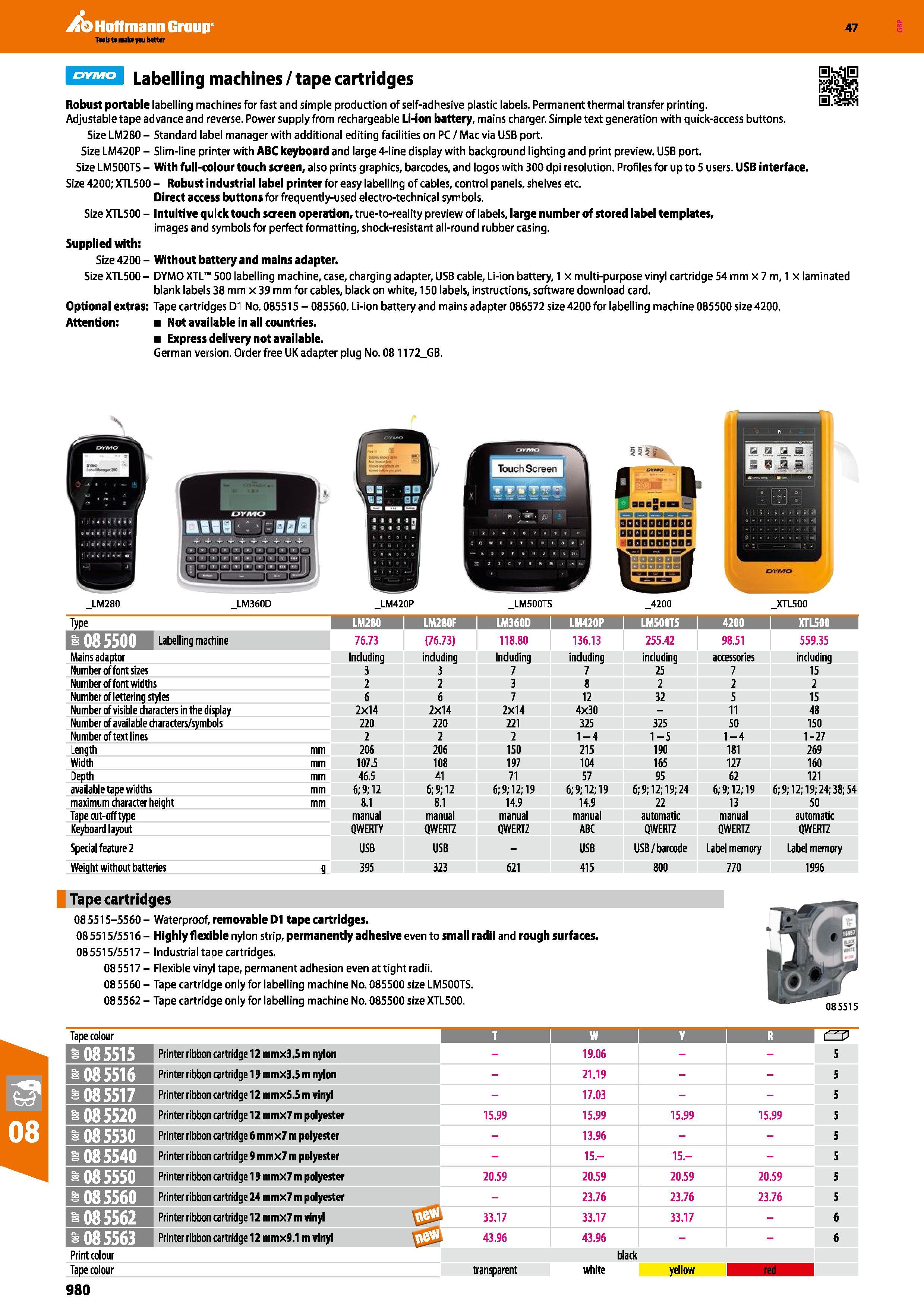 980 Hoffmann Group 47 Labelling machines / tape cartridges Robust portable labelling machines for fast and simple production of self-adhesive plastic Каталог HOFFMANN GROUP 2016 Ручной слесарно-монтажный и измерительный инструмент и оборудование от комплексного поставщика промышленных предприятий Вер. 47 Англ. Стр. 980