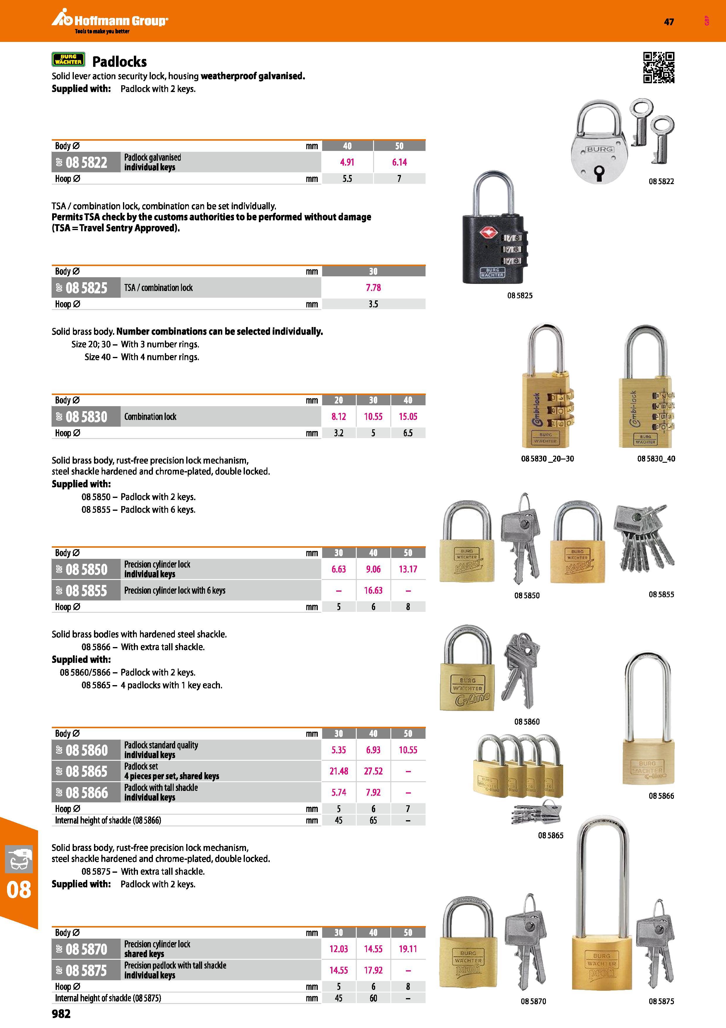 982 Hoffmann Group 47 ia Padlocks Solid lever action security lock, housing weatherproof galvanised Supplied with: Padlock with 2 keys Body0 mm 40 I Каталог HOFFMANN GROUP 2016 Ручной слесарно-монтажный и измерительный инструмент и оборудование от комплексного поставщика промышленных предприятий Вер. 47 Англ. Стр. 982