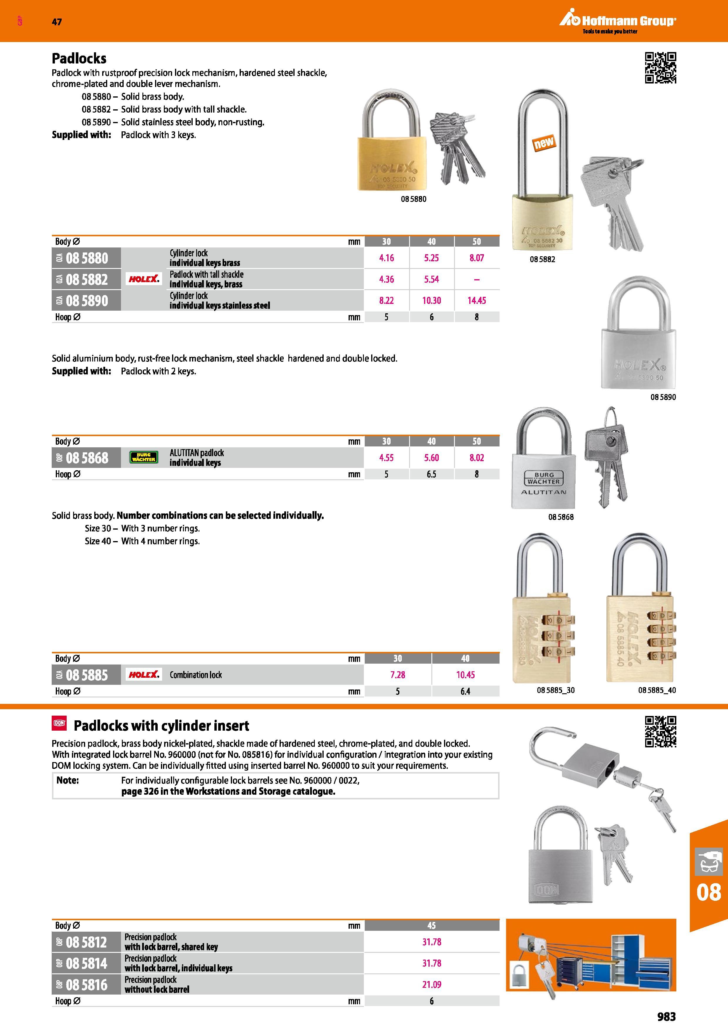 983 Hoffmann Group 47 Padlocks Padlock with rustproof precision lock mechanism, hardened steel shackle, chrome-plated and double lever mechanism 0858 Каталог HOFFMANN GROUP 2016 Ручной слесарно-монтажный и измерительный инструмент и оборудование от комплексного поставщика промышленных предприятий Вер. 47 Англ. Стр. 983