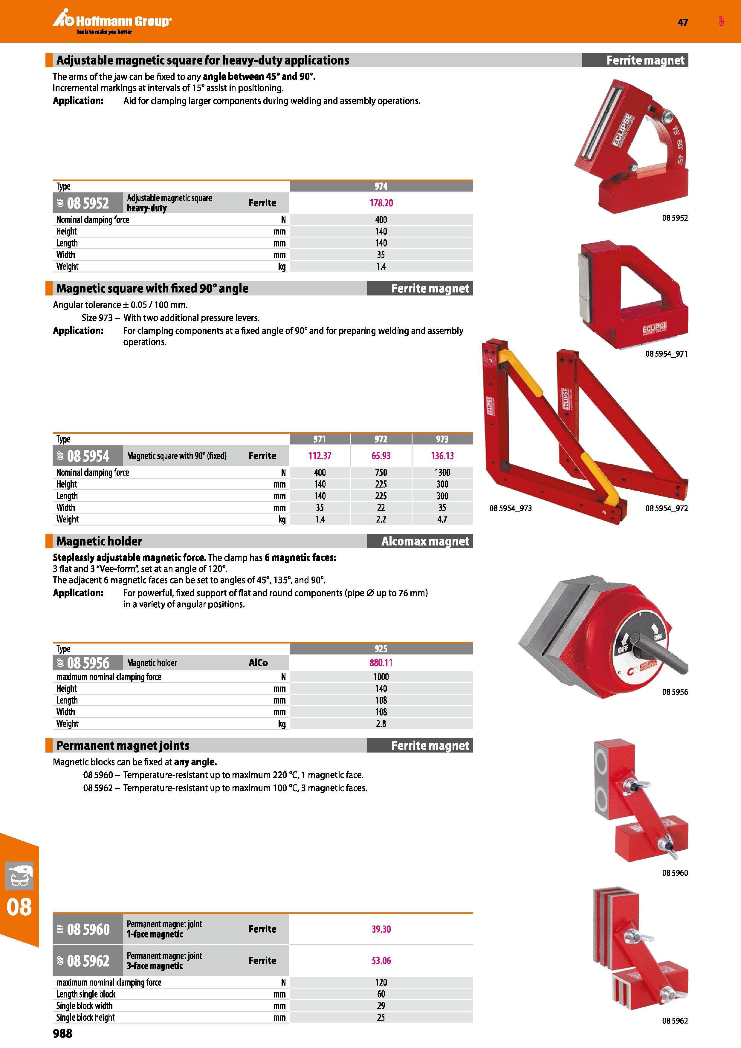 988 Hoffmann Group 47 Adjustable magnetic square for heavy-duty applications The arms of the jaw can be fixed to any angle between 45° and 90° Increm Каталог HOFFMANN GROUP 2016 Ручной слесарно-монтажный и измерительный инструмент и оборудование от комплексного поставщика промышленных предприятий Вер. 47 Англ. Стр. 988